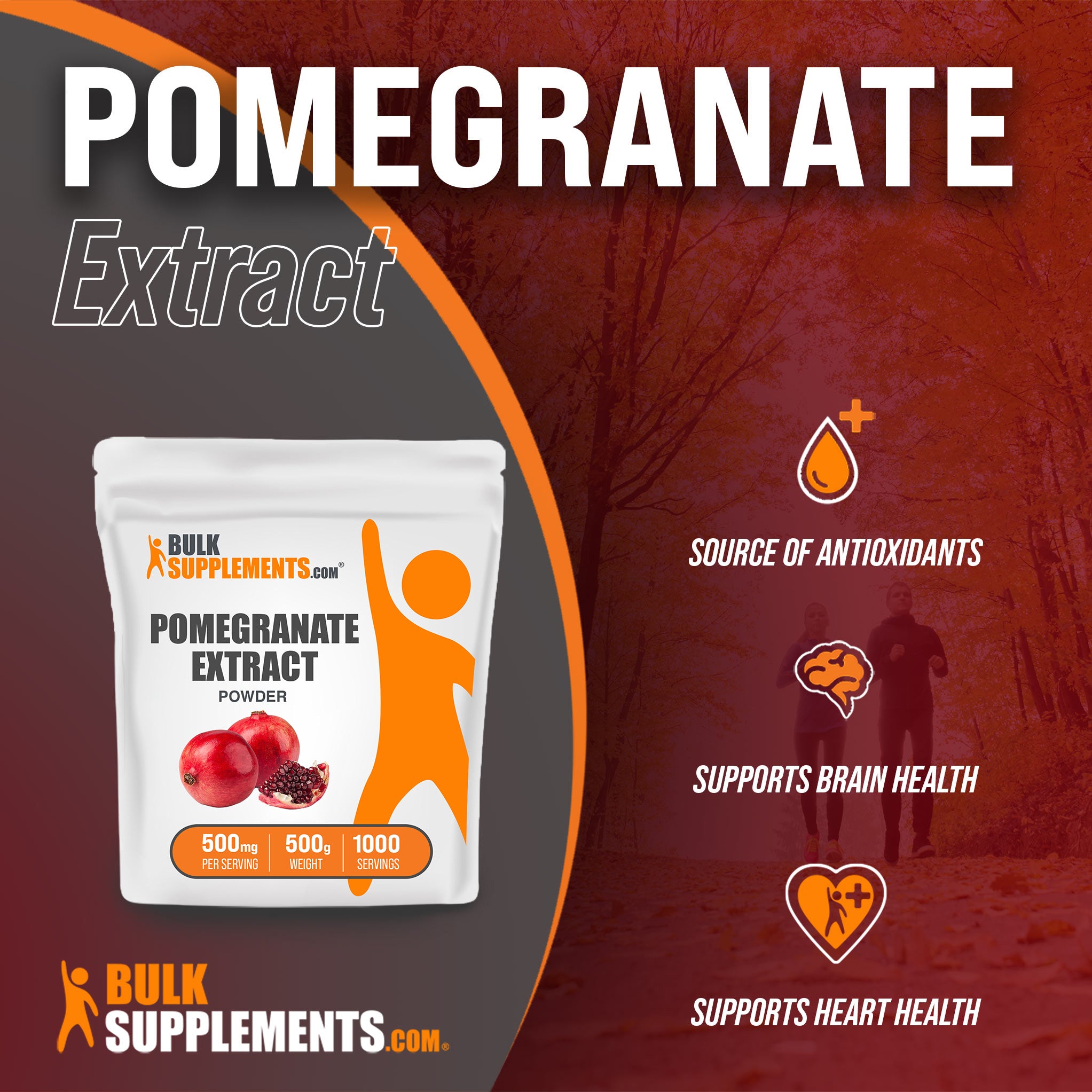 Benefits of Pomegranate Extract: source of antioxidants, supports brain health, supports heart health