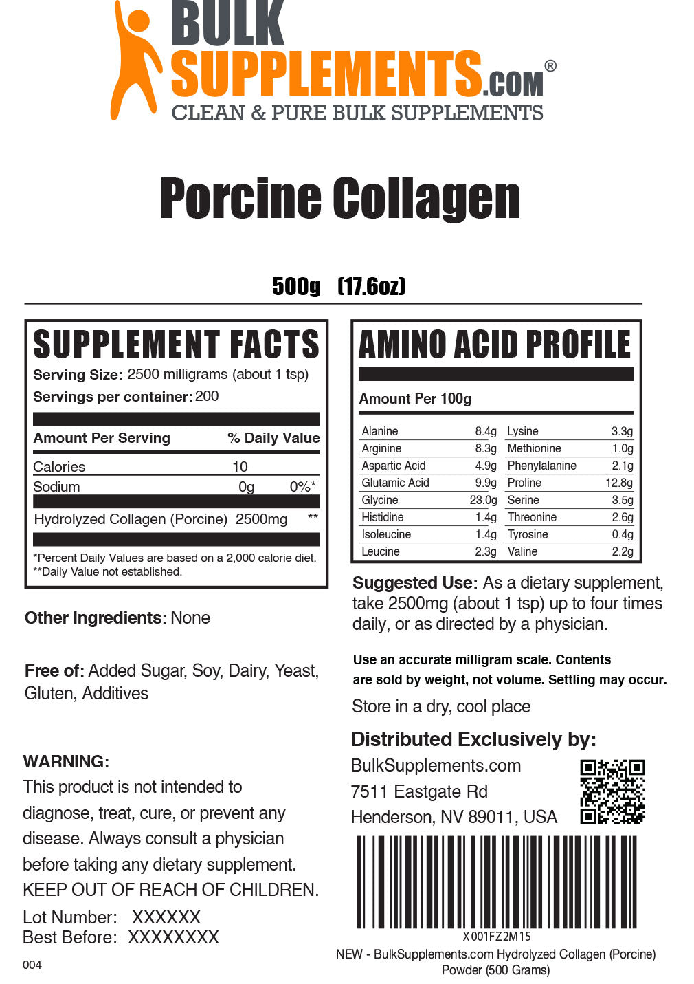 Porcine collagen powder label 500g