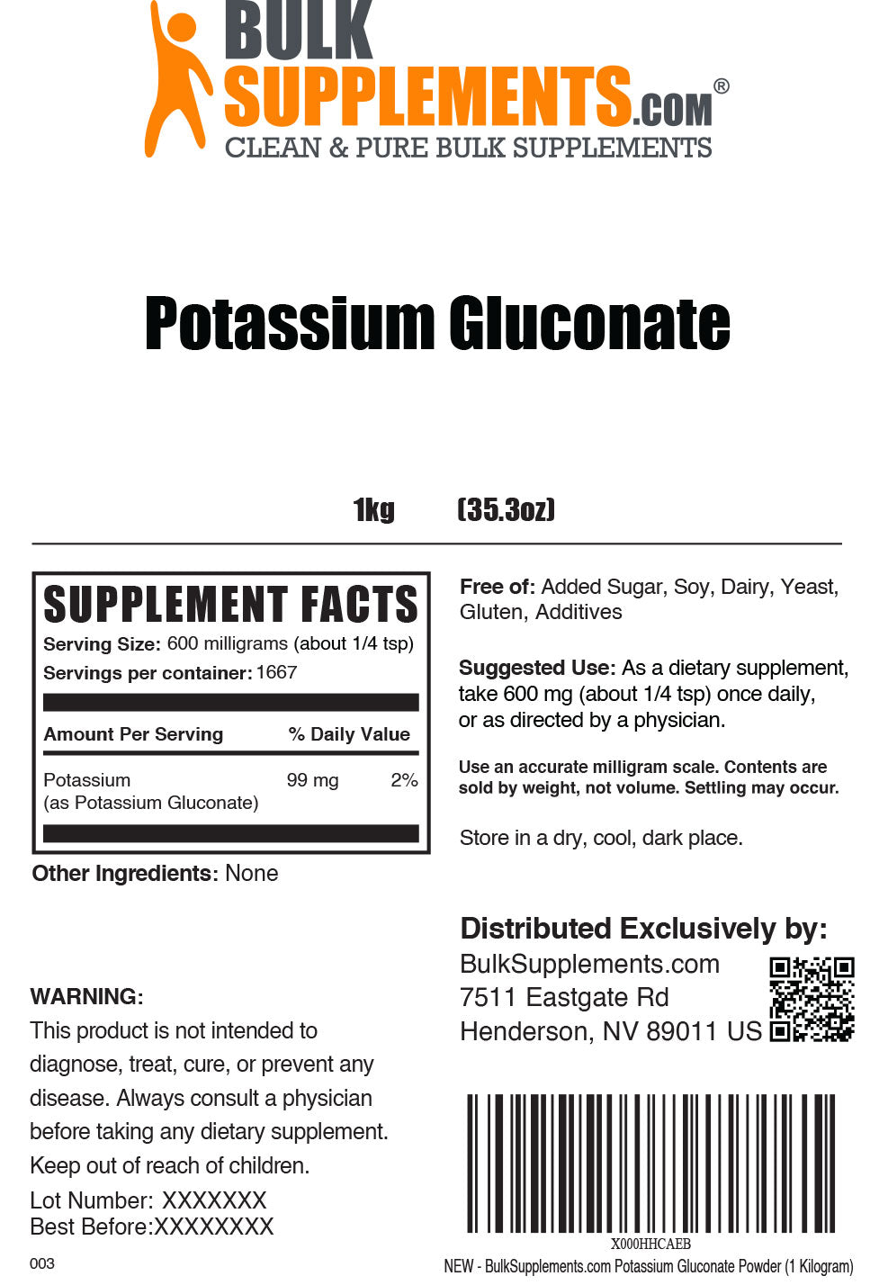 Potassium Gluconate powder label 1kg