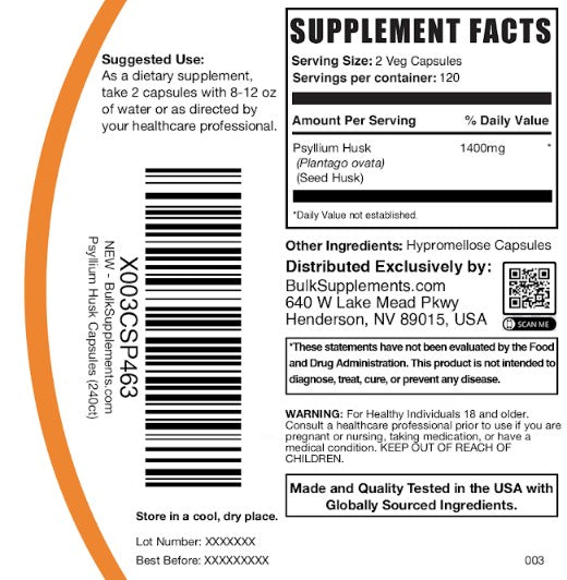 Psyllium Husk Capsules 240ct Bottle Label