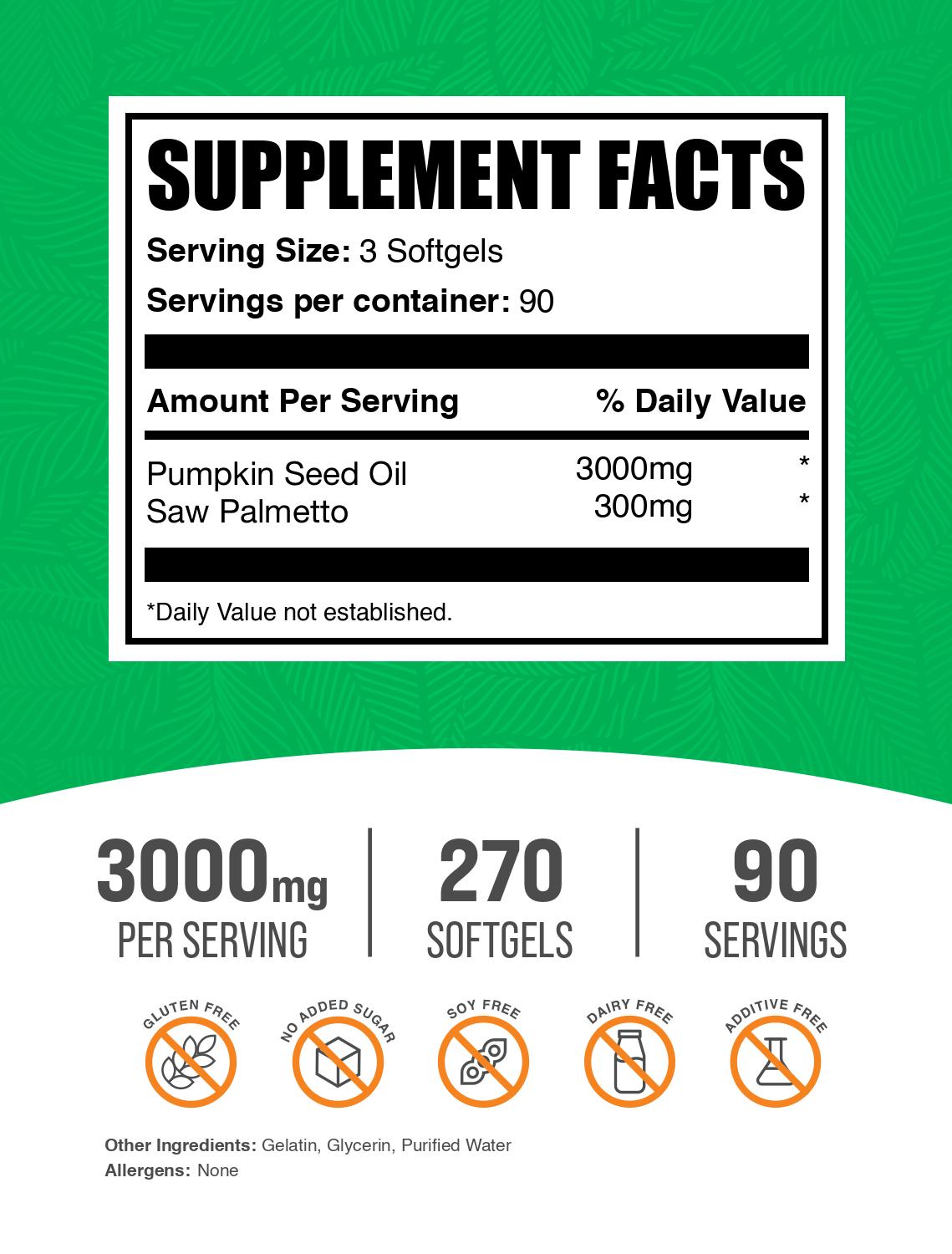 Pumpkin seed oil with saw palmetto 270 softgels label