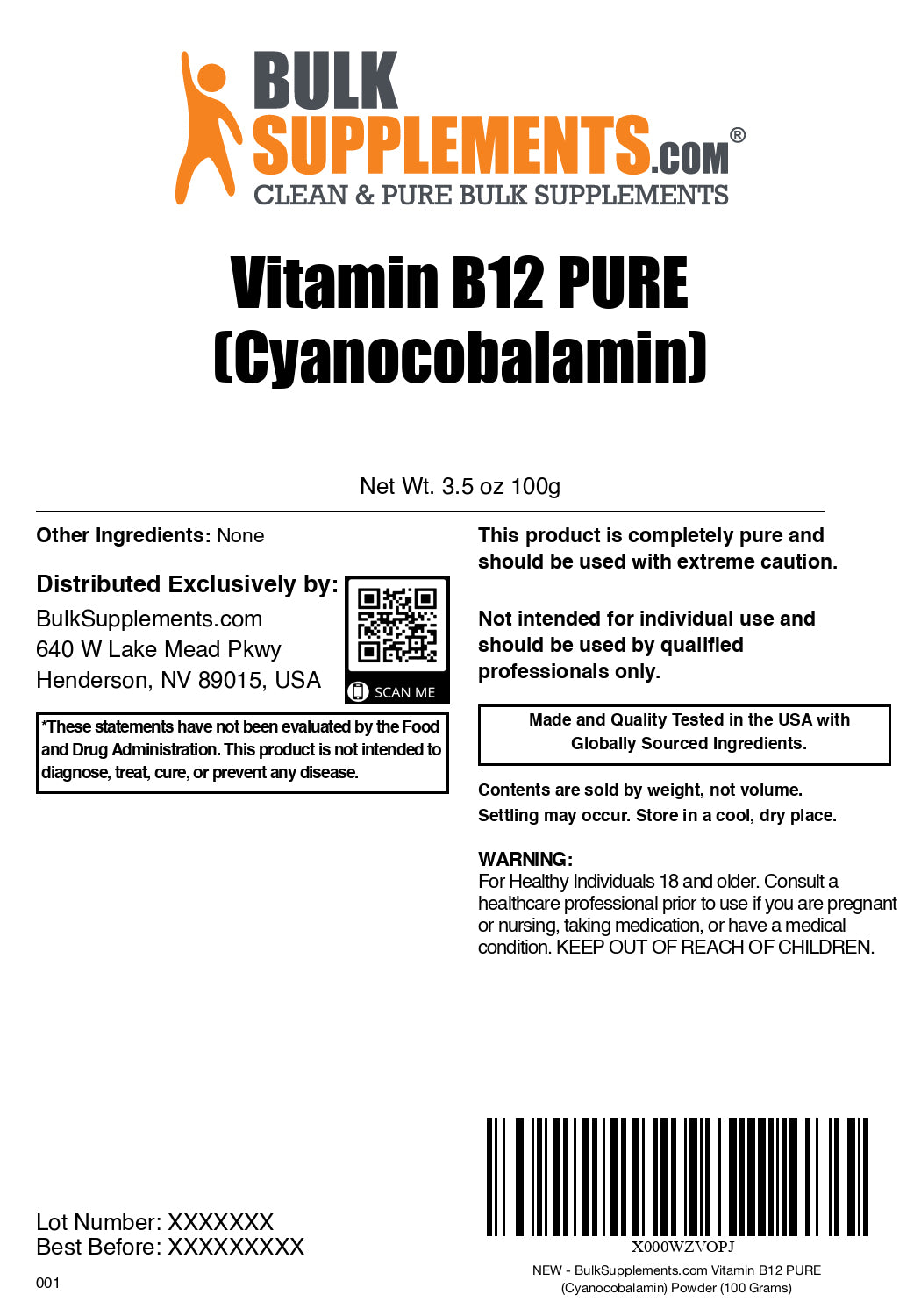 Vitamin B12 (Pure Cyanocobalamin) powder label 100g