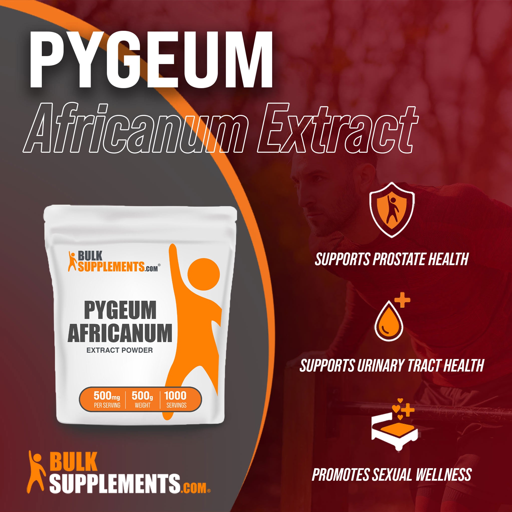 Benefits of Pygeum Africanum Extract: supports prostate health, supports urinary tract health, promotes sexual wellness