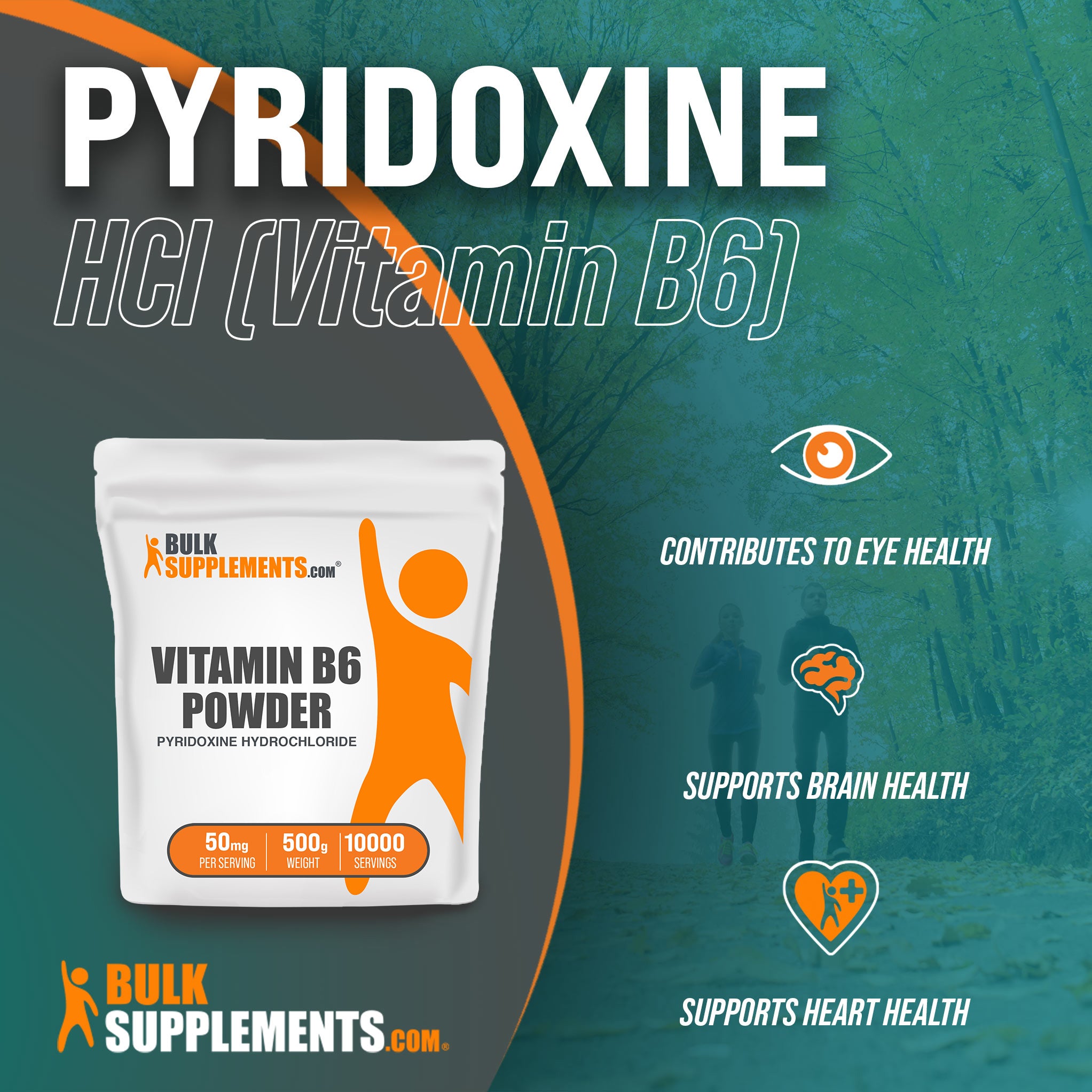 Benefits of Pyridoxine HCl Vitamin B6: contributes to eye health, supports brain health, supports heart health