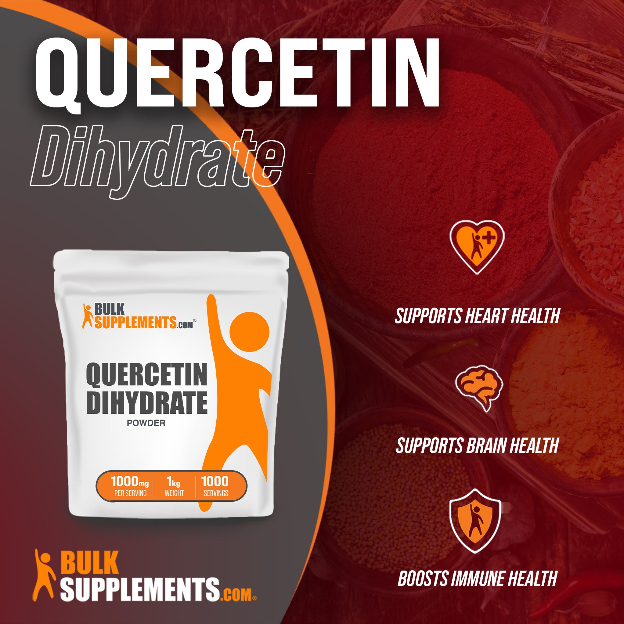 Benefits of Quercetin Dihydrate: supports heart health, supports brain health, boosts immune health