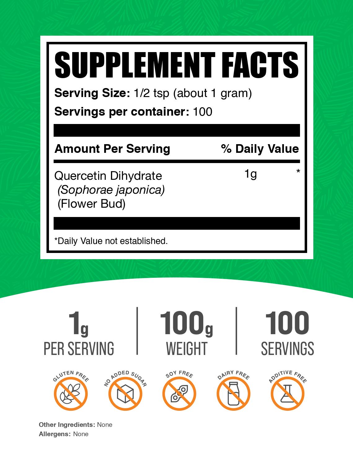 Quercetin Dihydrate Powder 100g Label