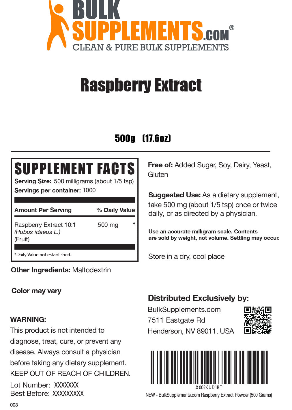 Supplement Facts Raspberry Extract