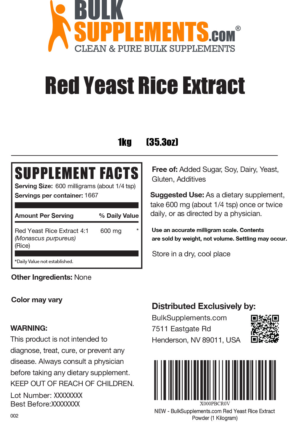 Supplement Facts for Red Yeast Rice Extract Powder