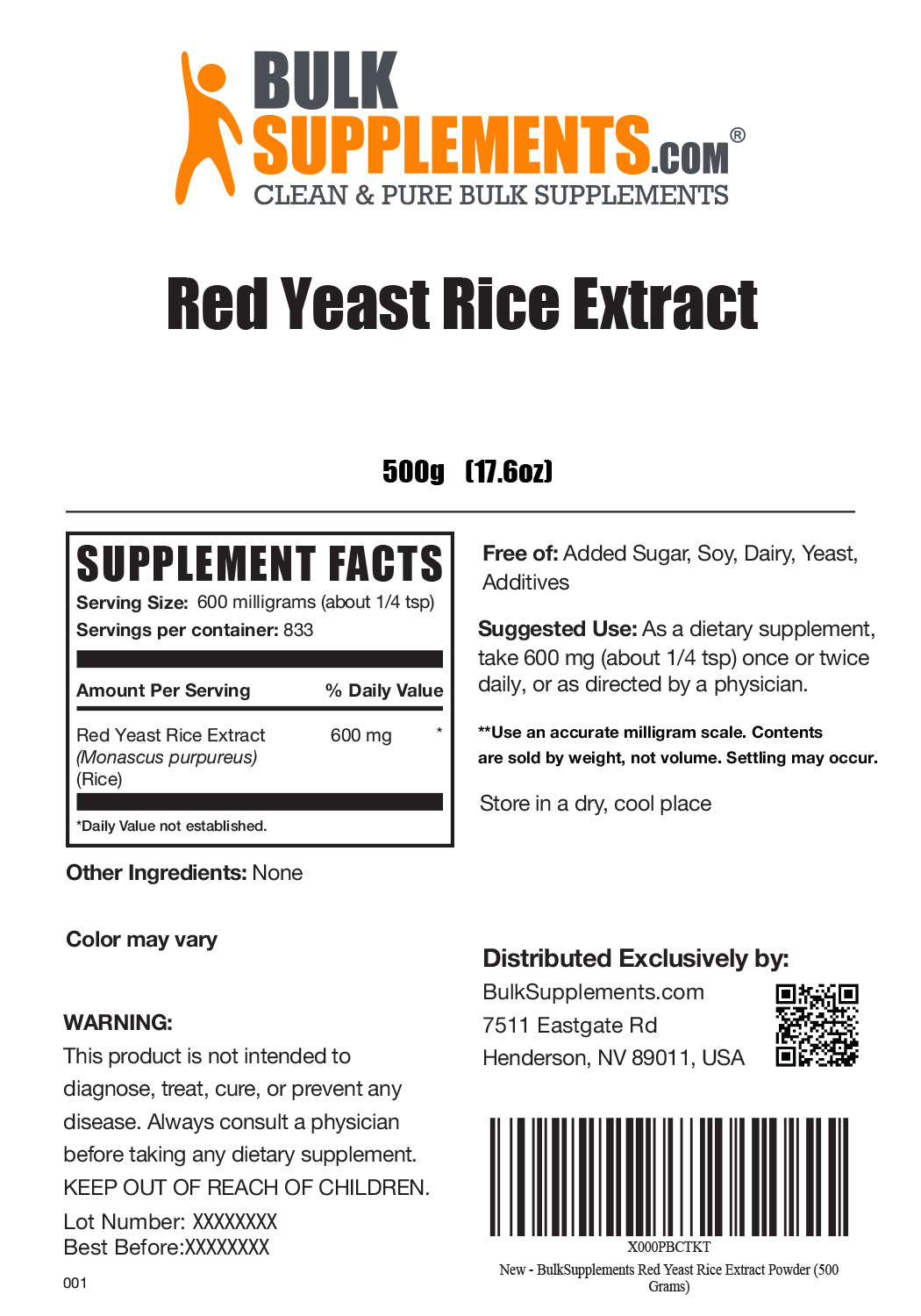 Supplement Facts Red Yeast Rice Extract