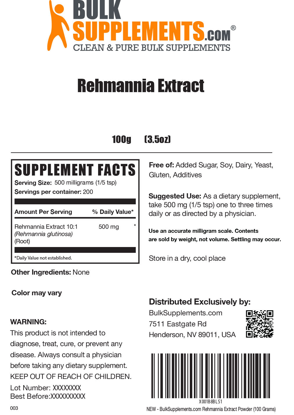 Supplement Facts Rehmannia Extract