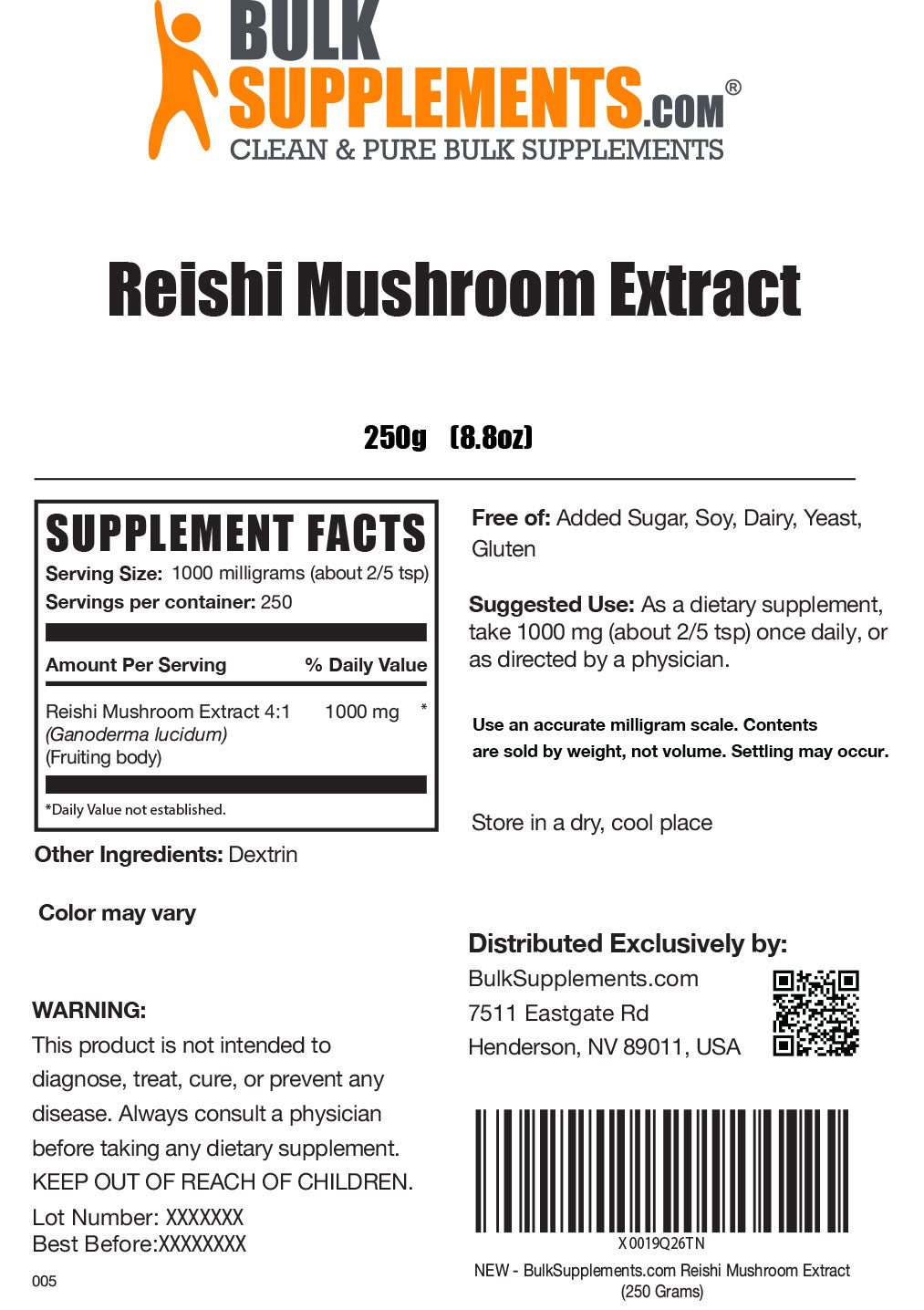 Reishi Mushroom Extract Powder 250g Label
