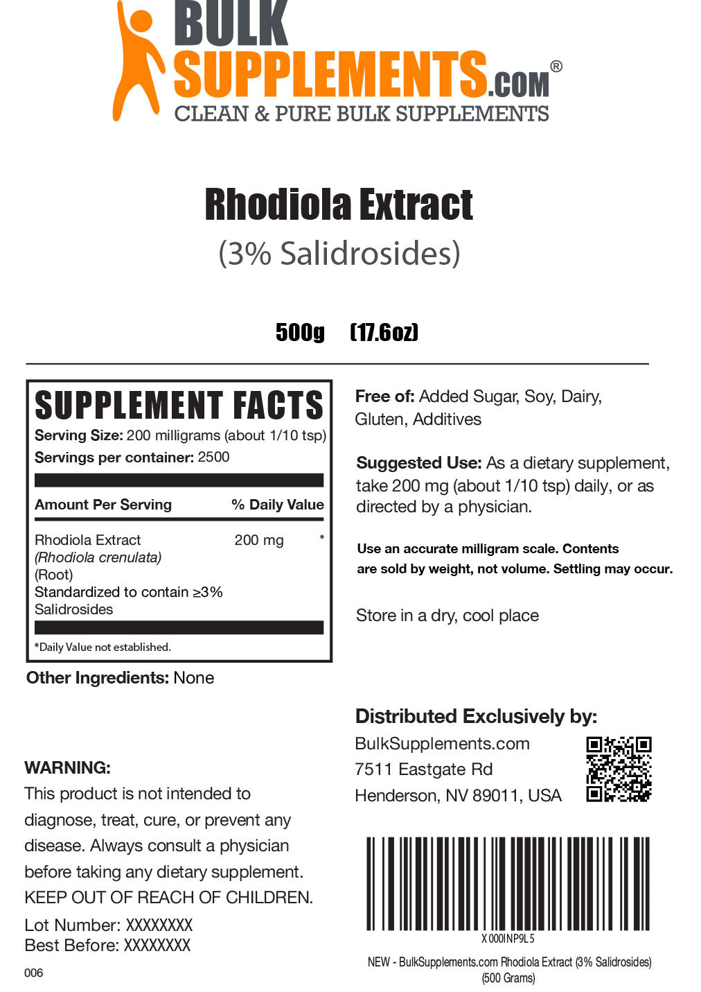 Supplement Facts Rhodiola Extract 3% Salidrosides
