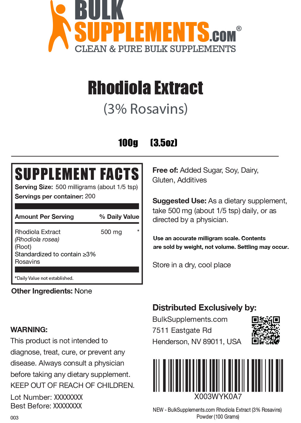 Supplement Facts Rhodiola Extract 3% Rosavins
