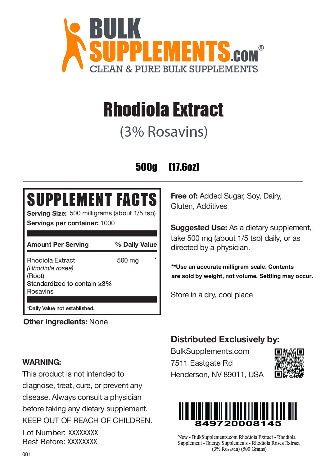 Supplement Facts Rhodiola Extract 3% Rosavins
