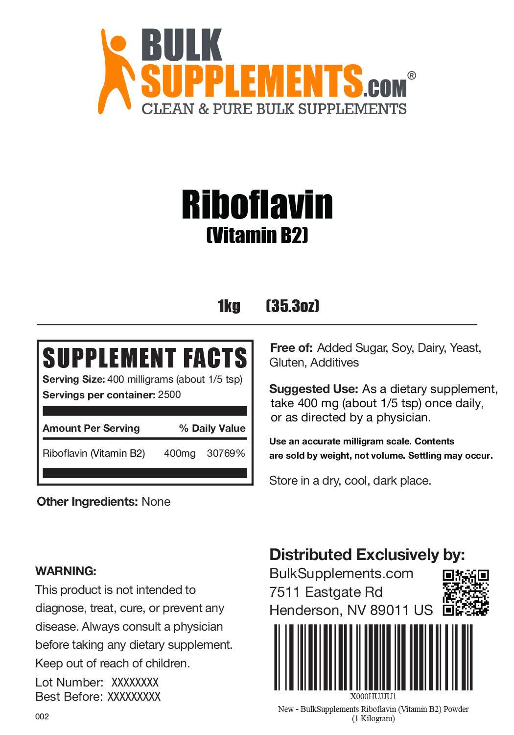 Supplement Facts Riboflavin Vitamin B2