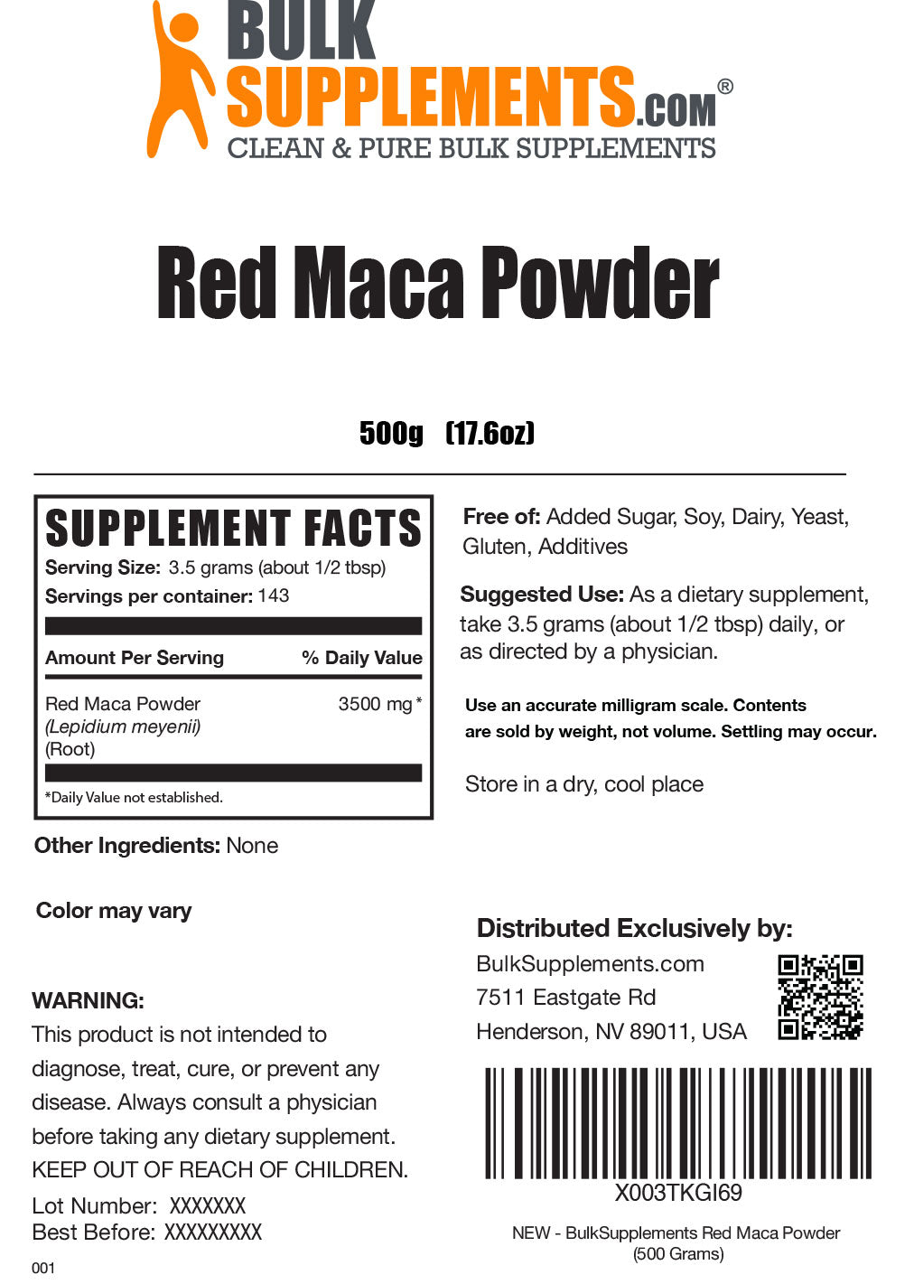 Red maca powder label 500g