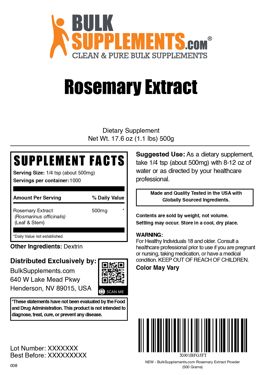 Rosemary Extract Powder 500g Bag Label