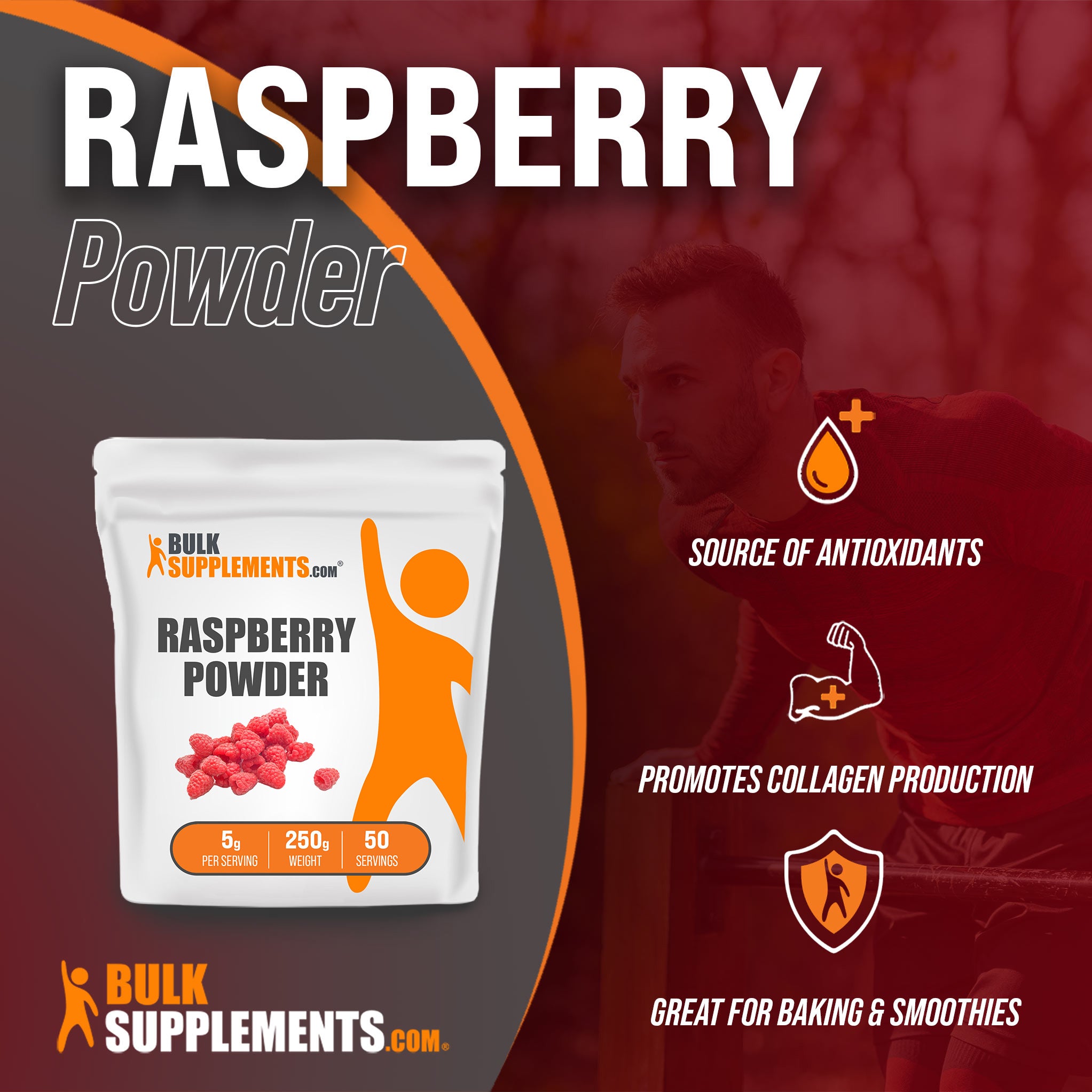 Benefits of Raspberry Powder: source of antioxidants, promotes collagen production, great for baking and smoothies