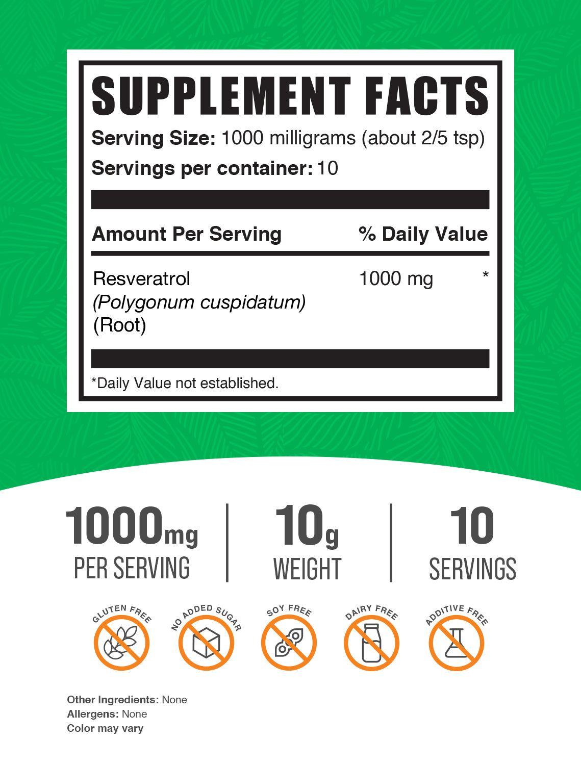 Resveratrol (98% Pure) Powder 10g Label