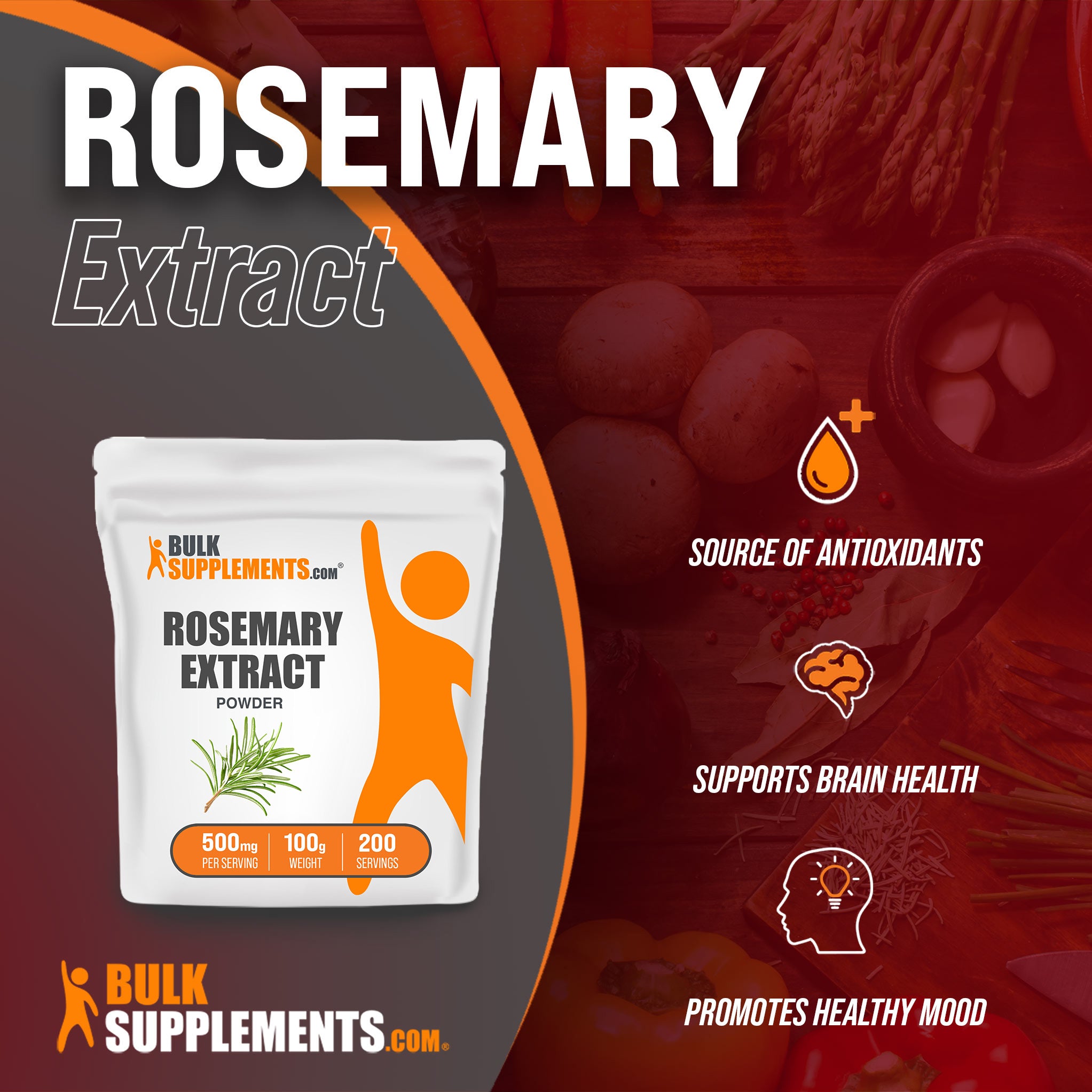 Benefits of Rosemary Extract: source of antioxidants, supports brain health, promotes healthy mood