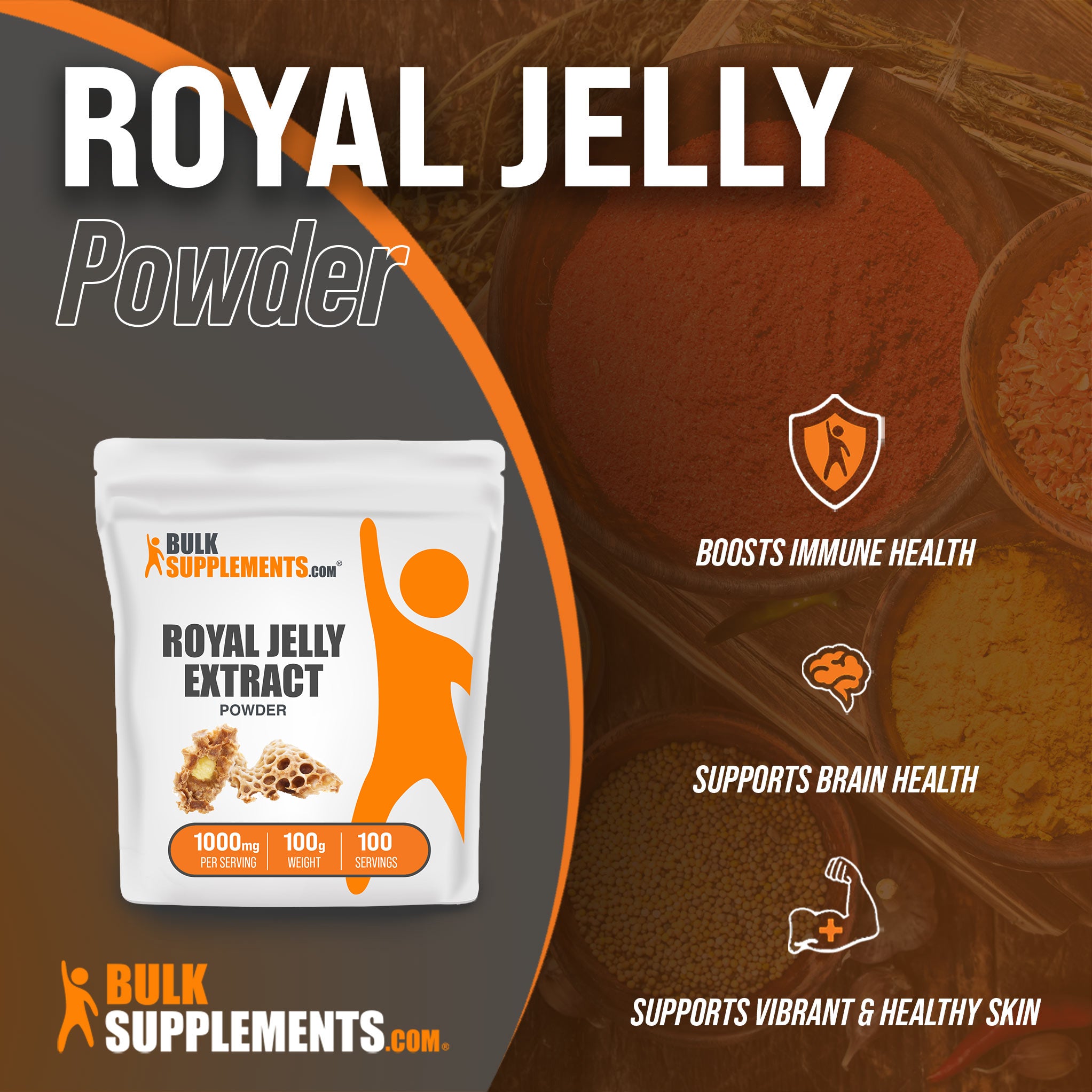 Benefits of Royal Jelly Powder: boosts immune health, supports brain health, supports vibrant and healthy skin
