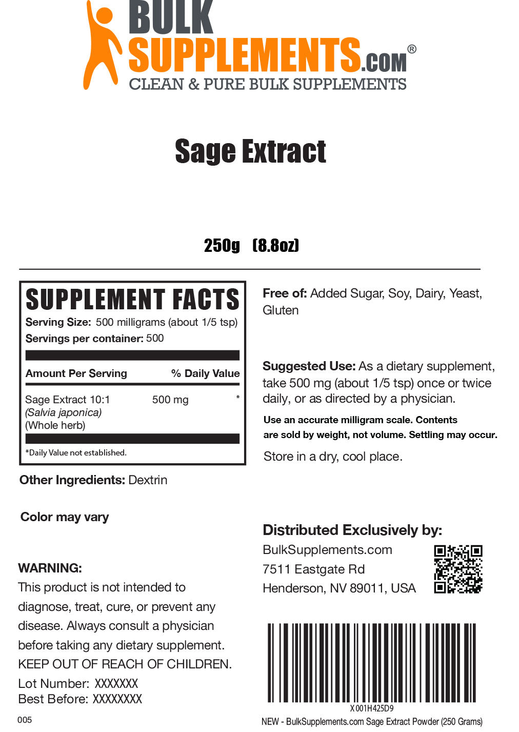 Supplement Facts Sage Extract 