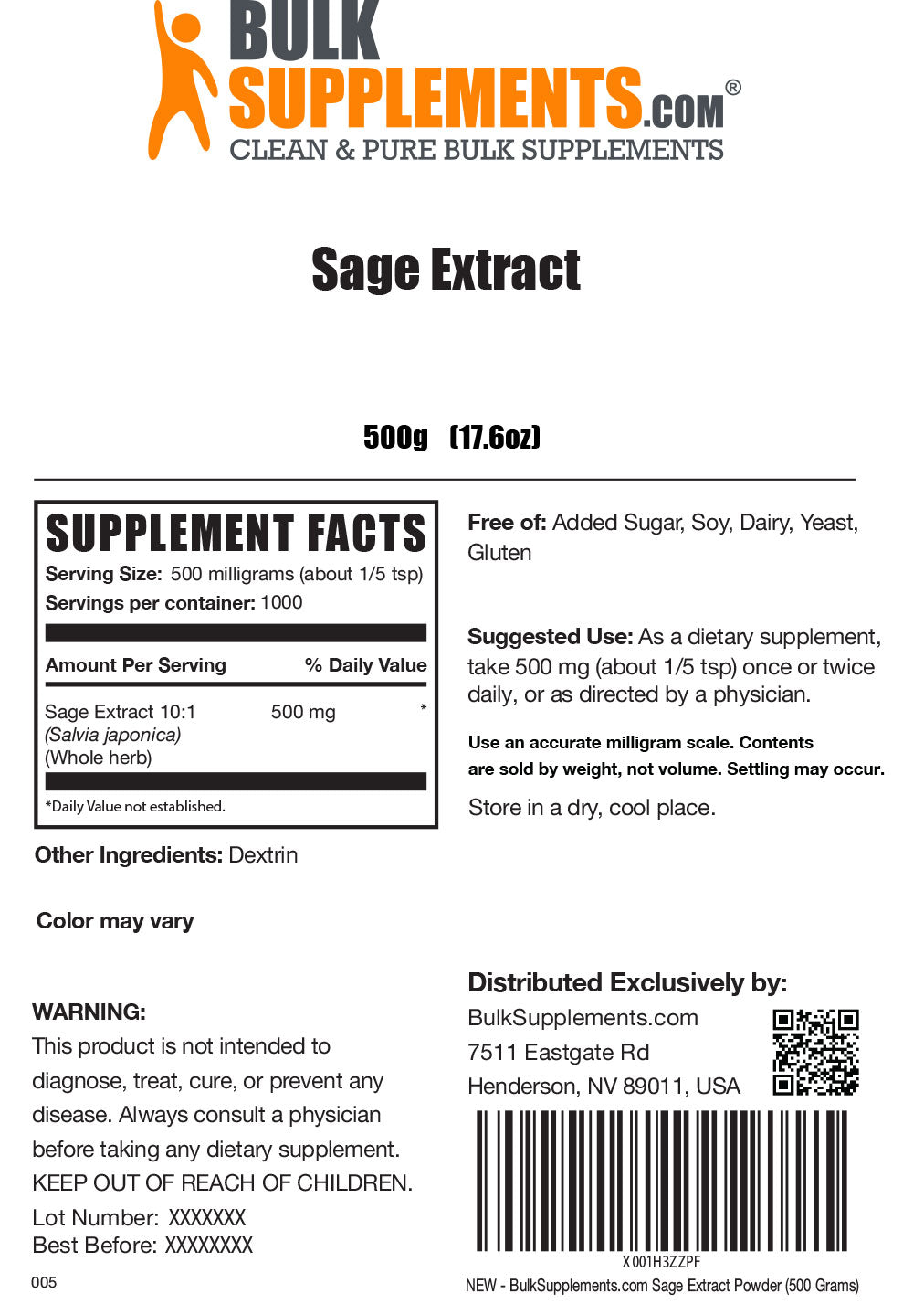 Supplement Facts Sage Extract 