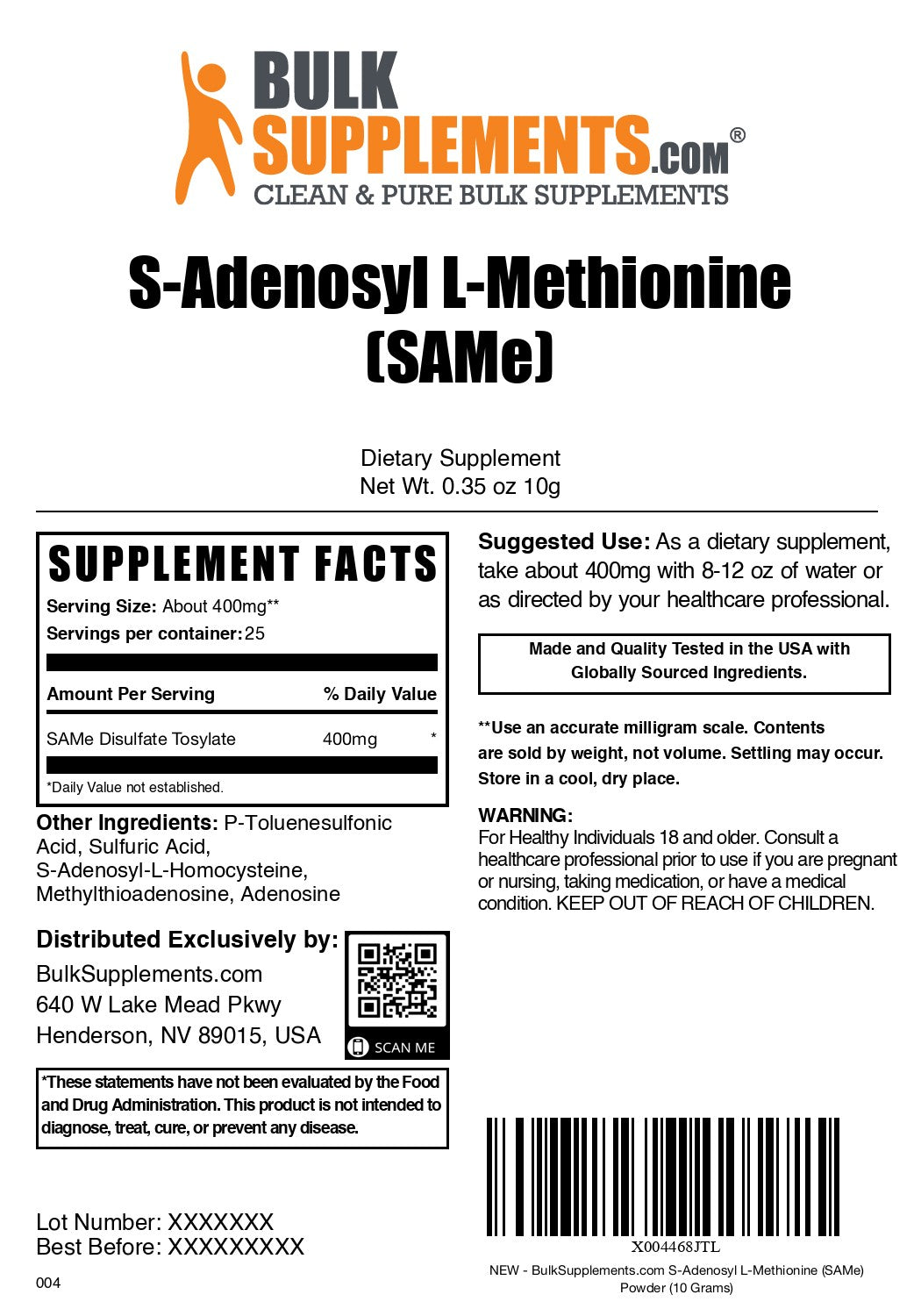 S-Adenosyl L-Methionine (SAMe) 10 grams label