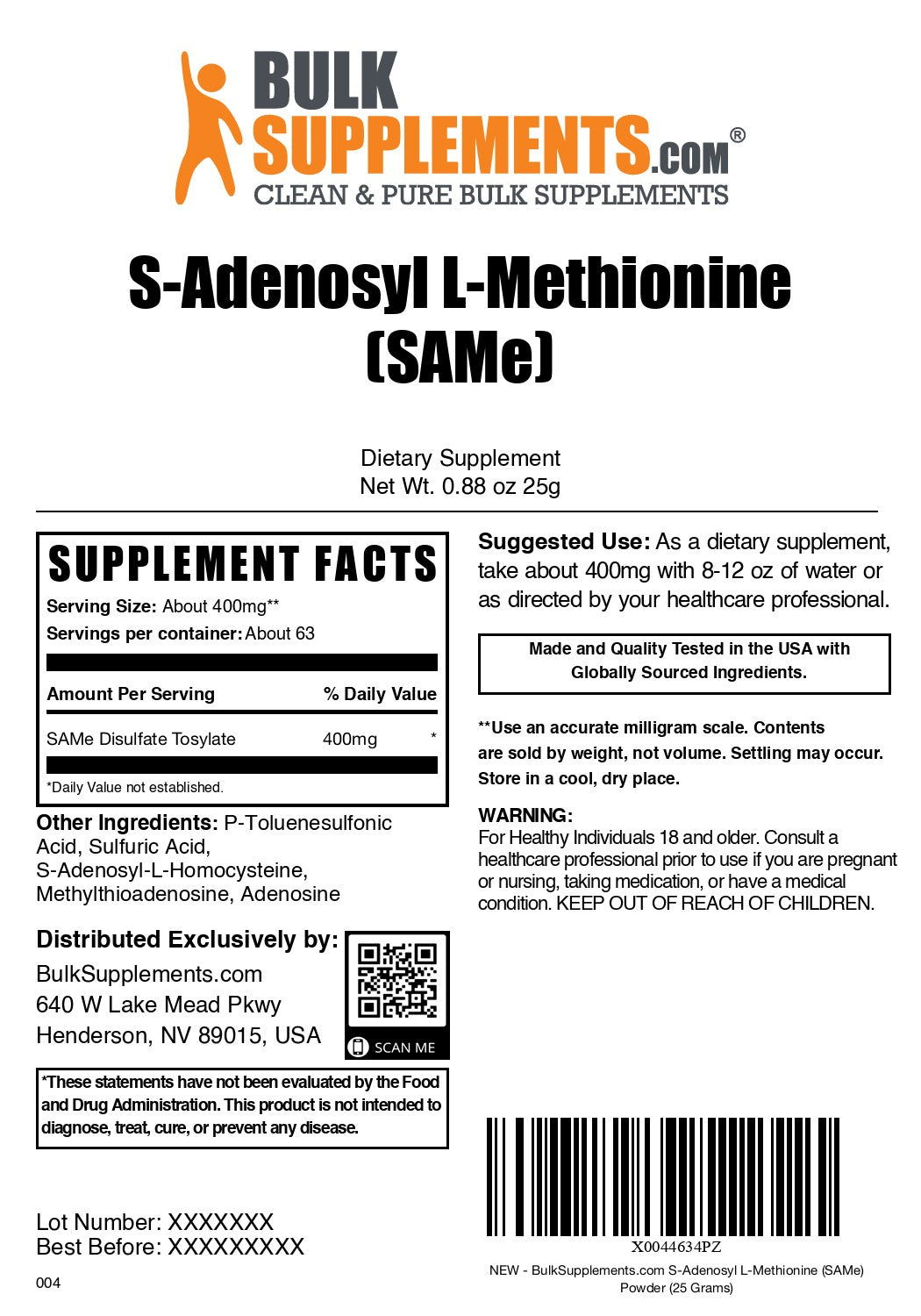 S-Adenosyl L-Methionine (SAMe) 25 grams label