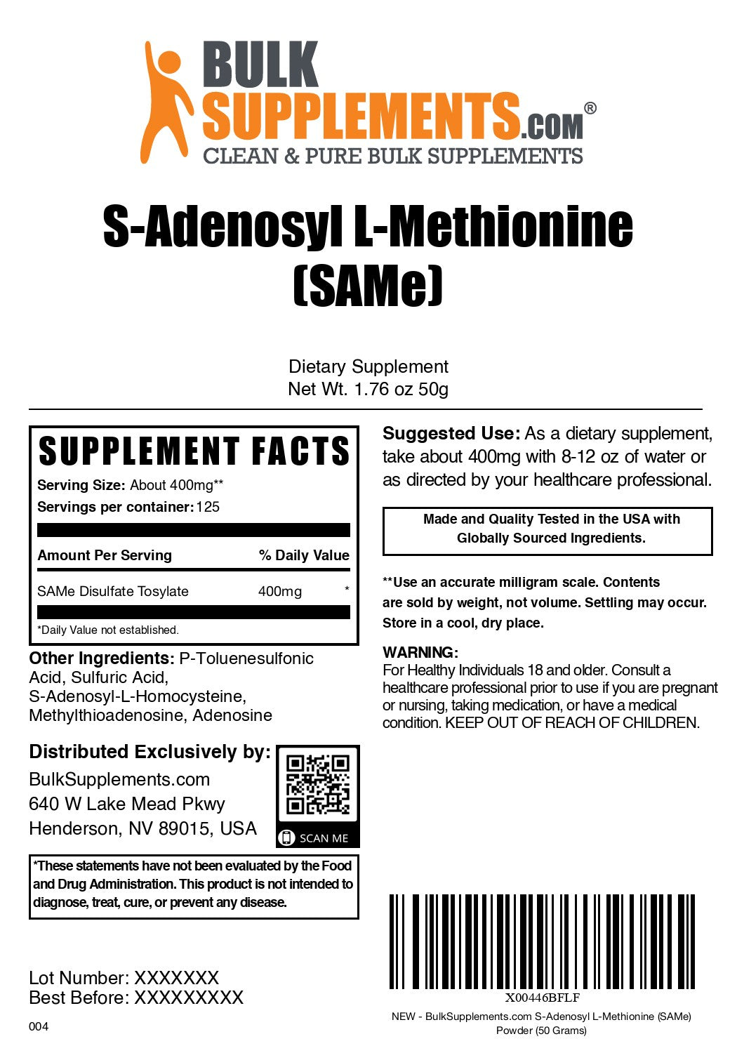 S-Adenosyl L-Methionine (SAMe) 50 grams label