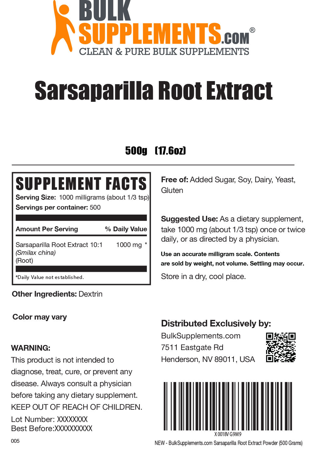 Sarsaparilla Root Extract supplement facts