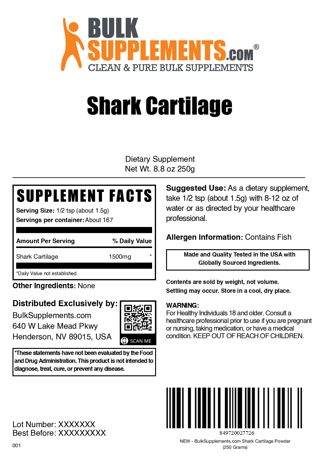 Shark cartilage extract powder label 250g