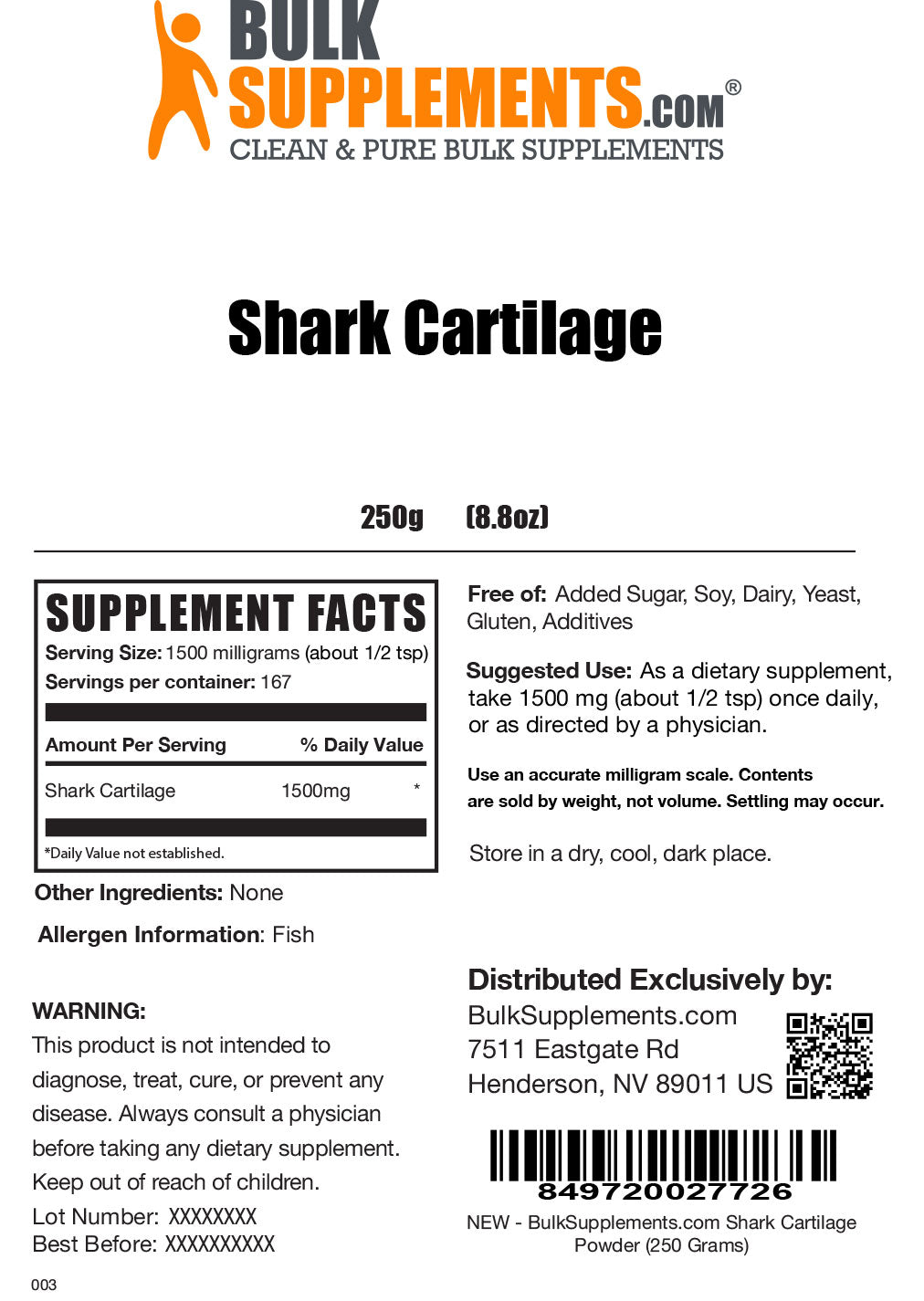 Supplement Facts Shark Cartilage