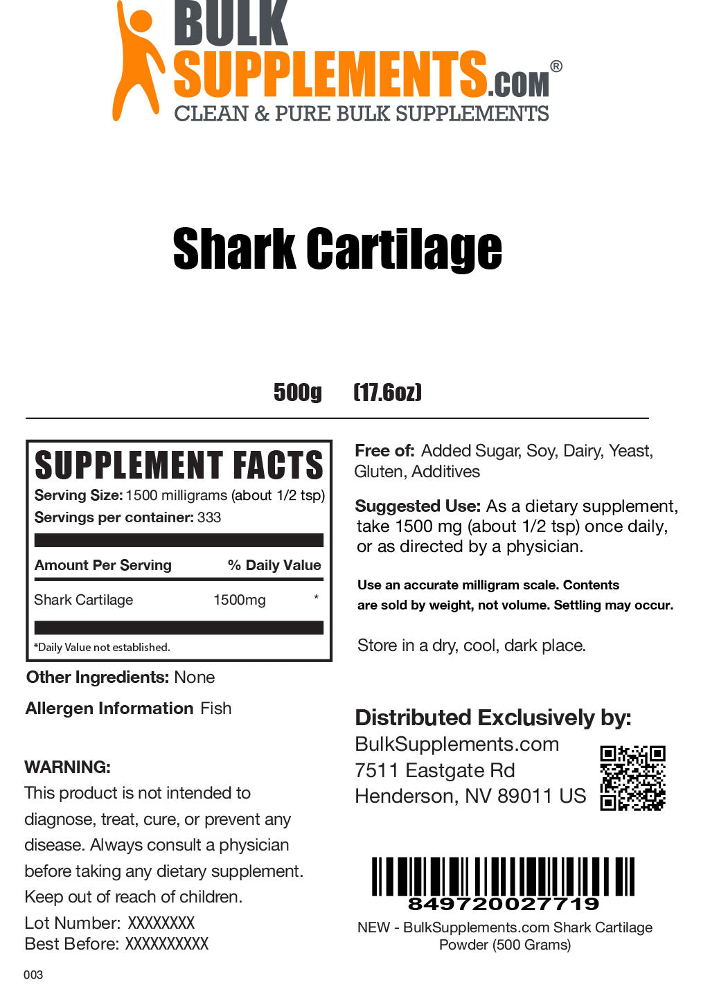 Supplement Facts Shark Cartilage