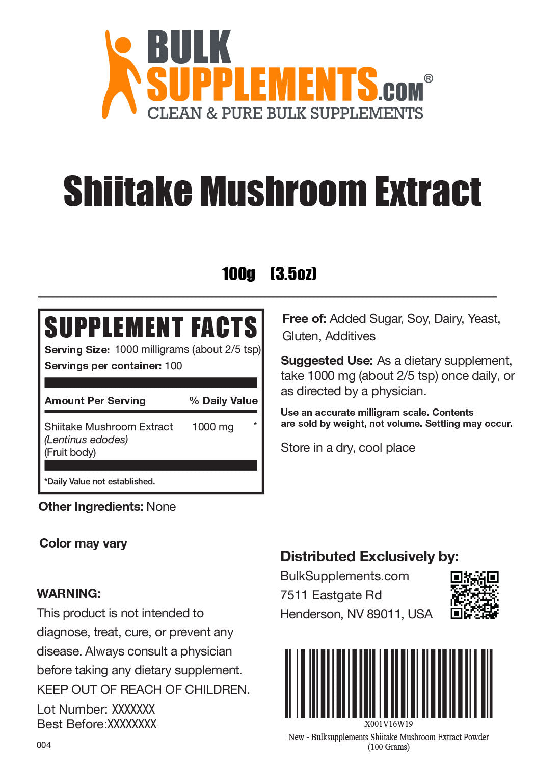 Supplement Facts Shiitake Mushroom Extract