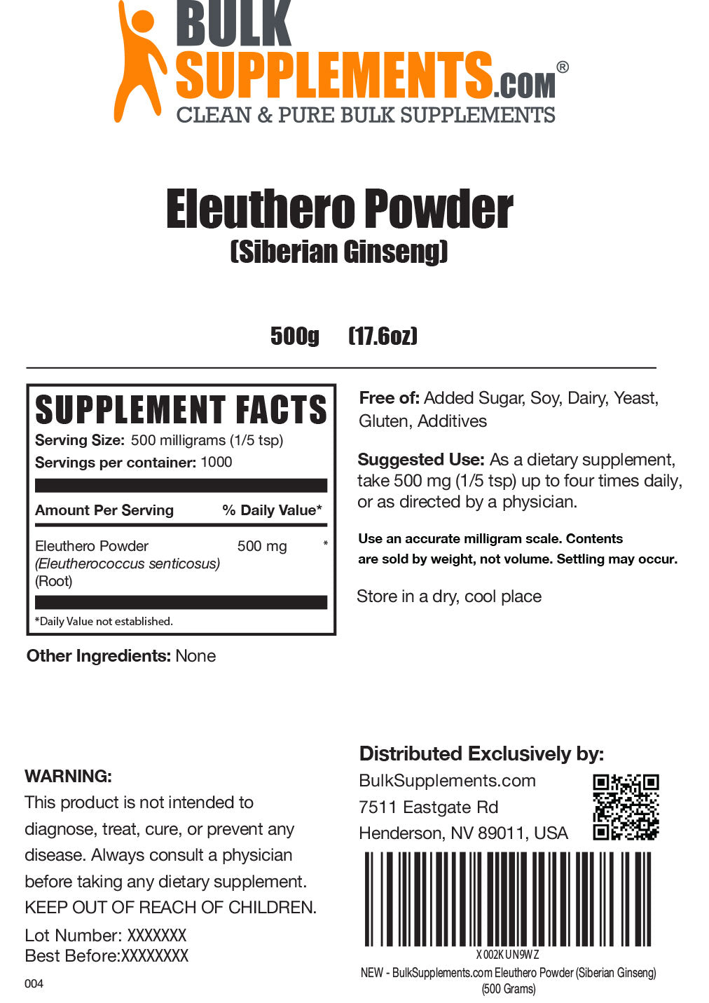 Supplement Facts Eleuthero Powder