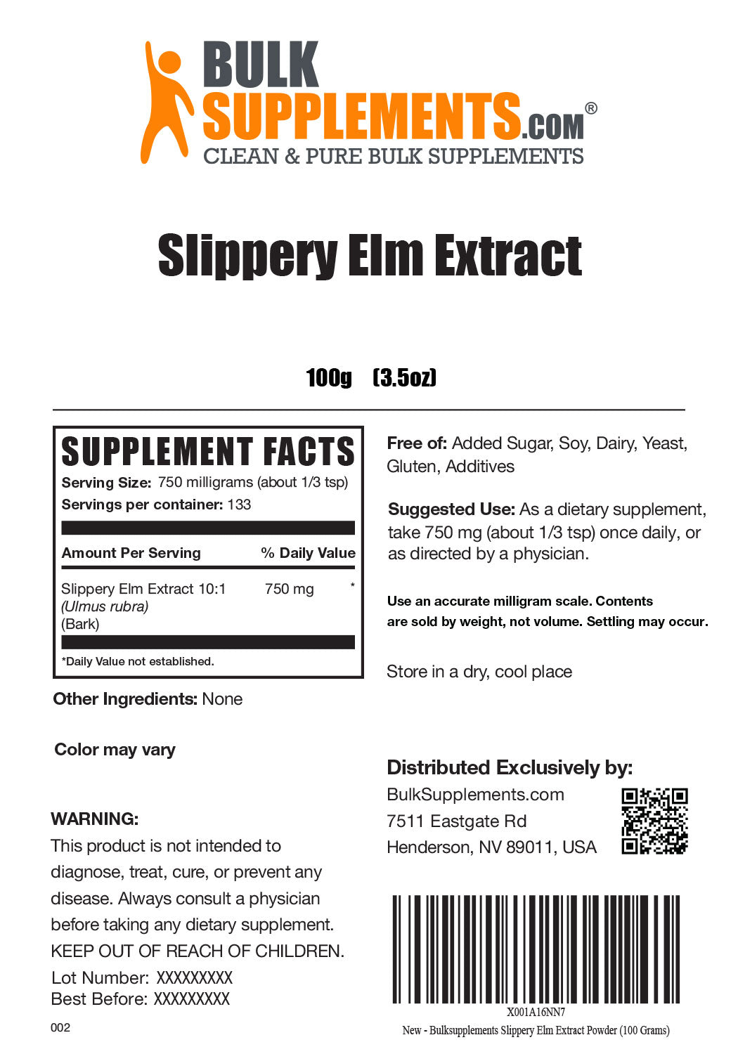 Supplement Facts Slippery Elm Extract