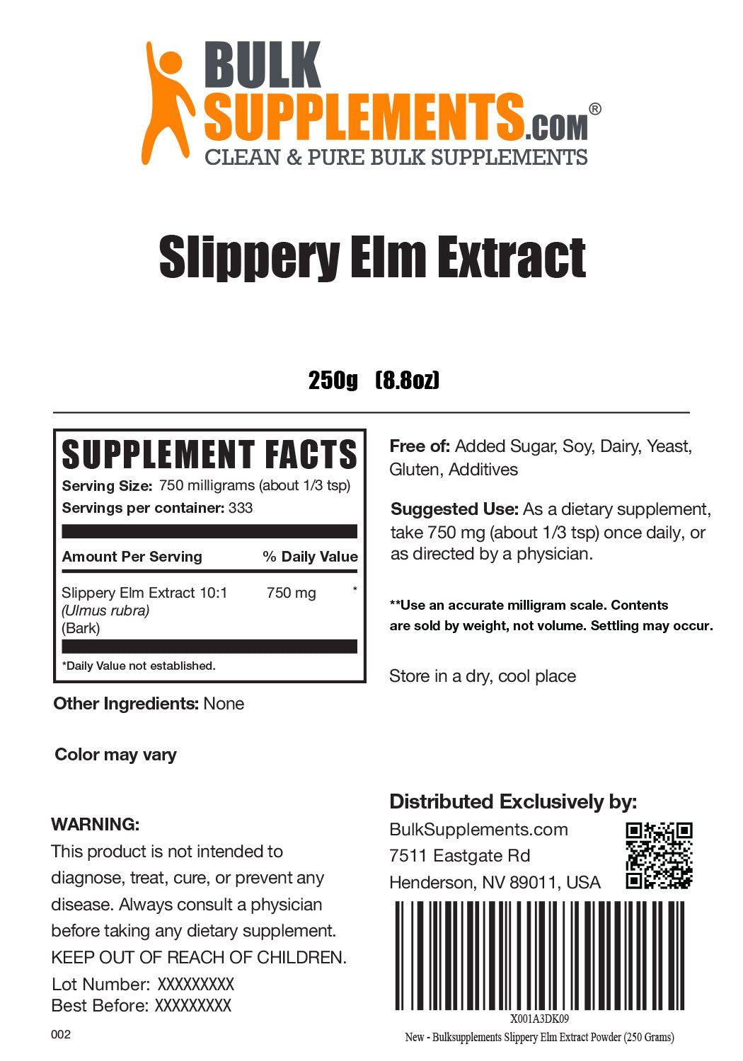 Supplement Facts Slippery Elm Extract
