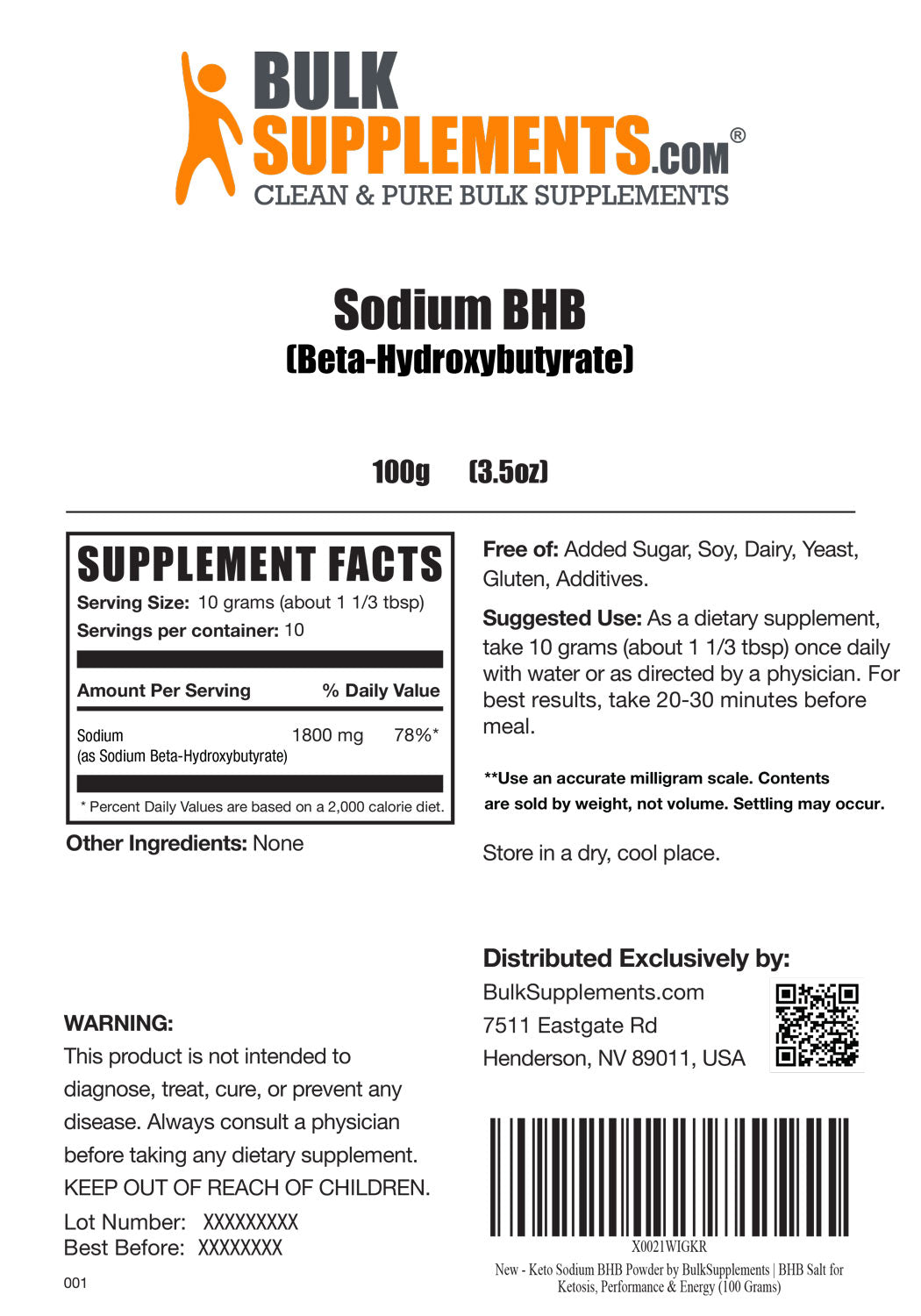 Supplement Facts Sodium BHB (Beta-hydroxybutyrate) 100 grams