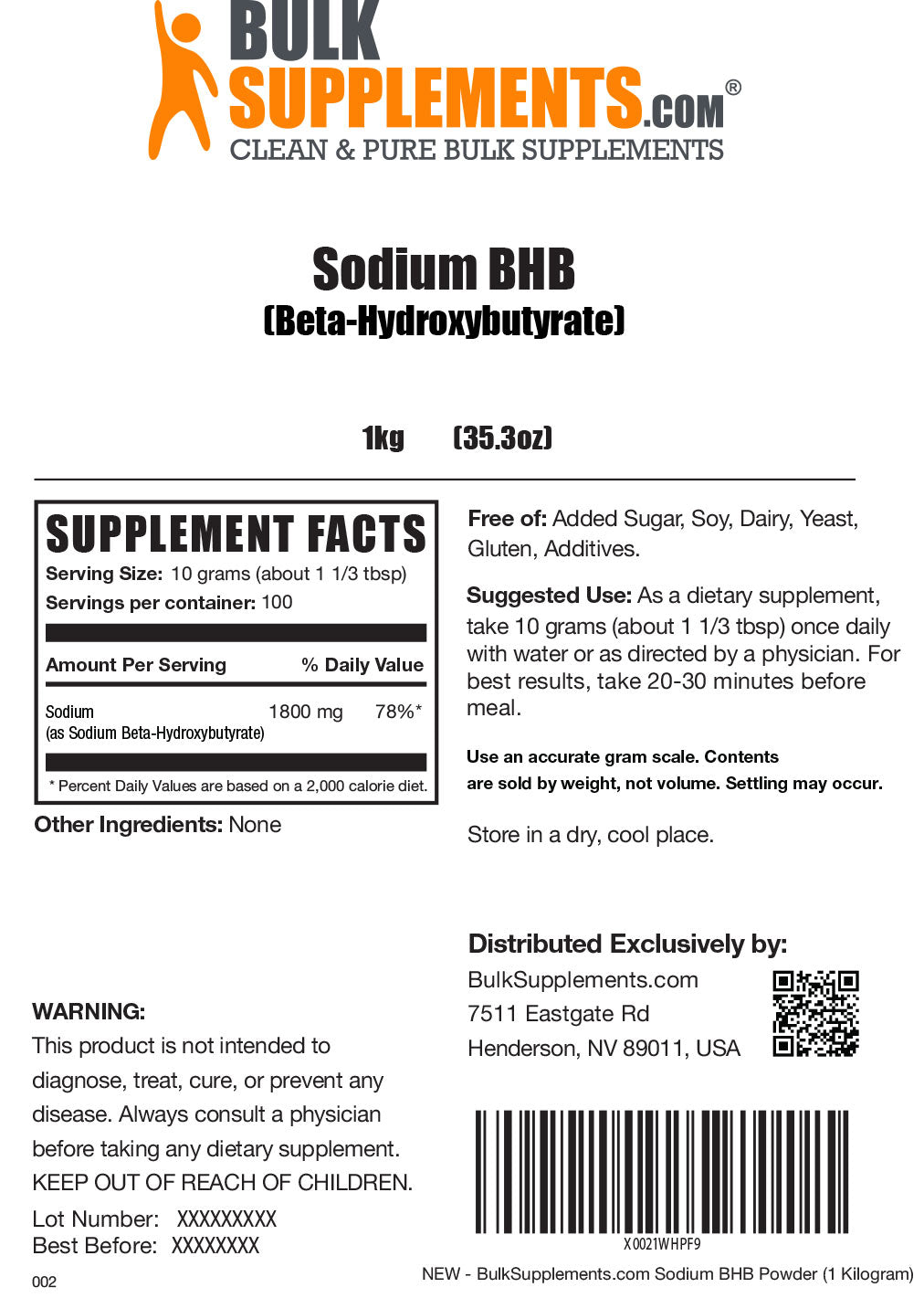 Supplement Facts Sodium BHB (Beta-hydroxybutyrate) 1 kilogram