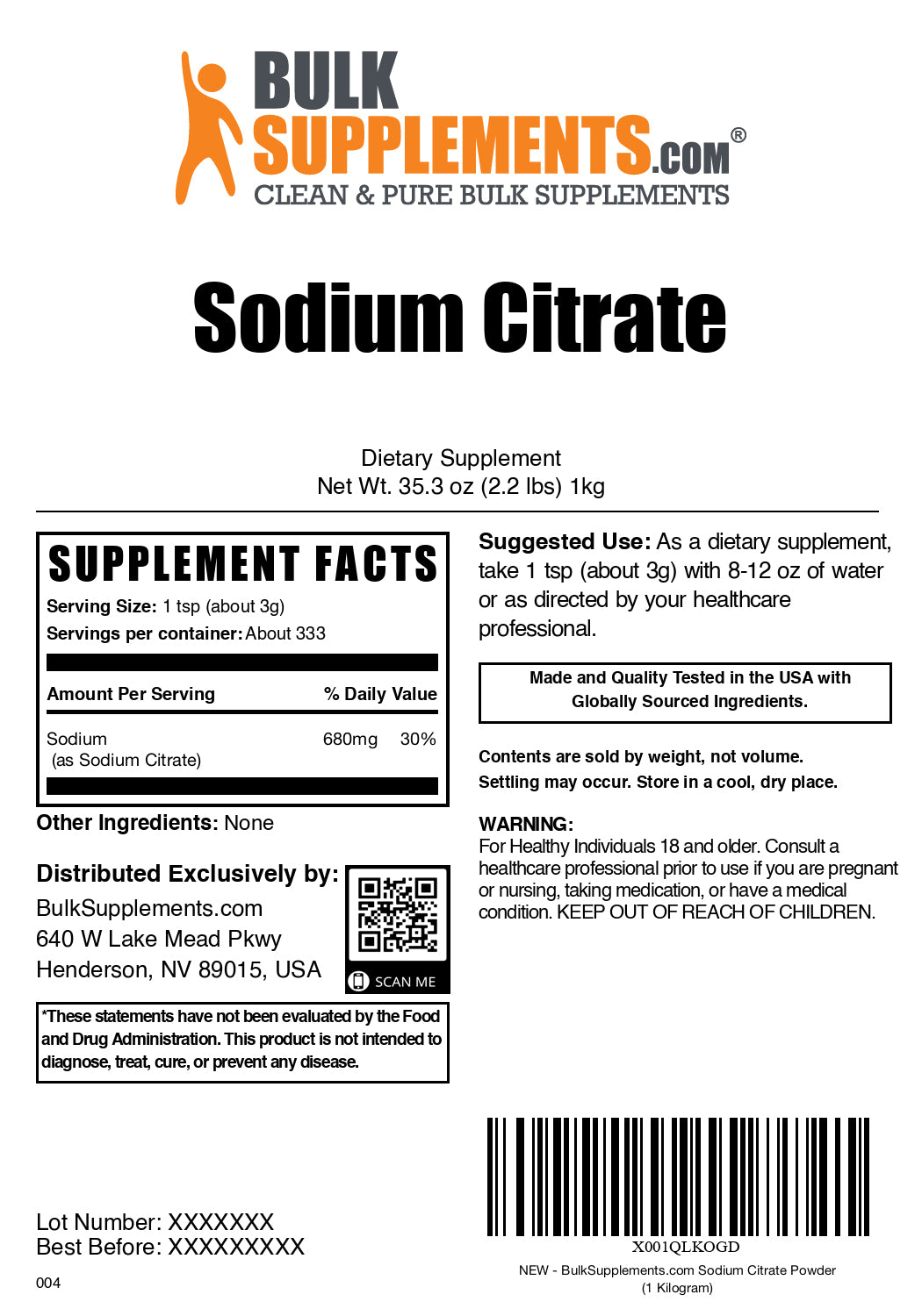 Sodium citrate powder label 1kg