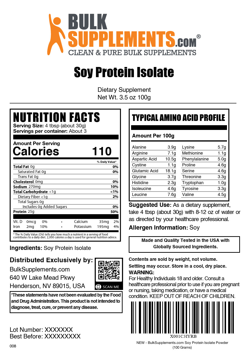 Soy protein isolate powder label 100g