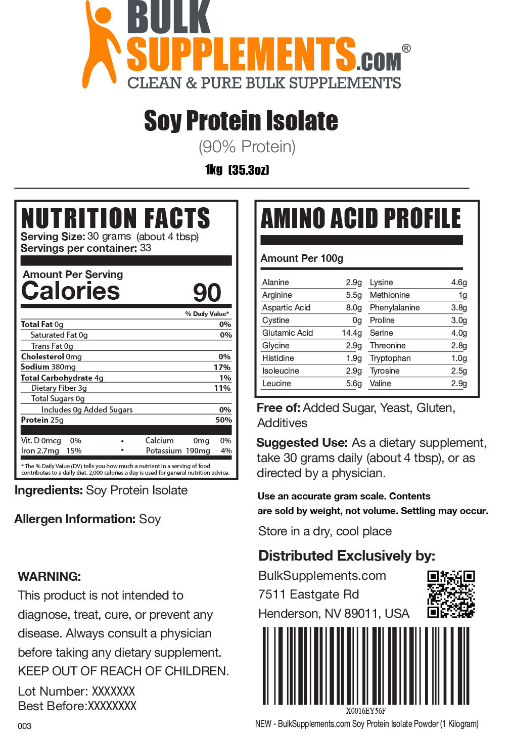 Nutrition Facts Soy Protein Isolate