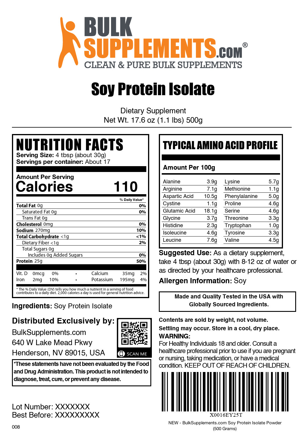 Soy protein isolate powder label 500g