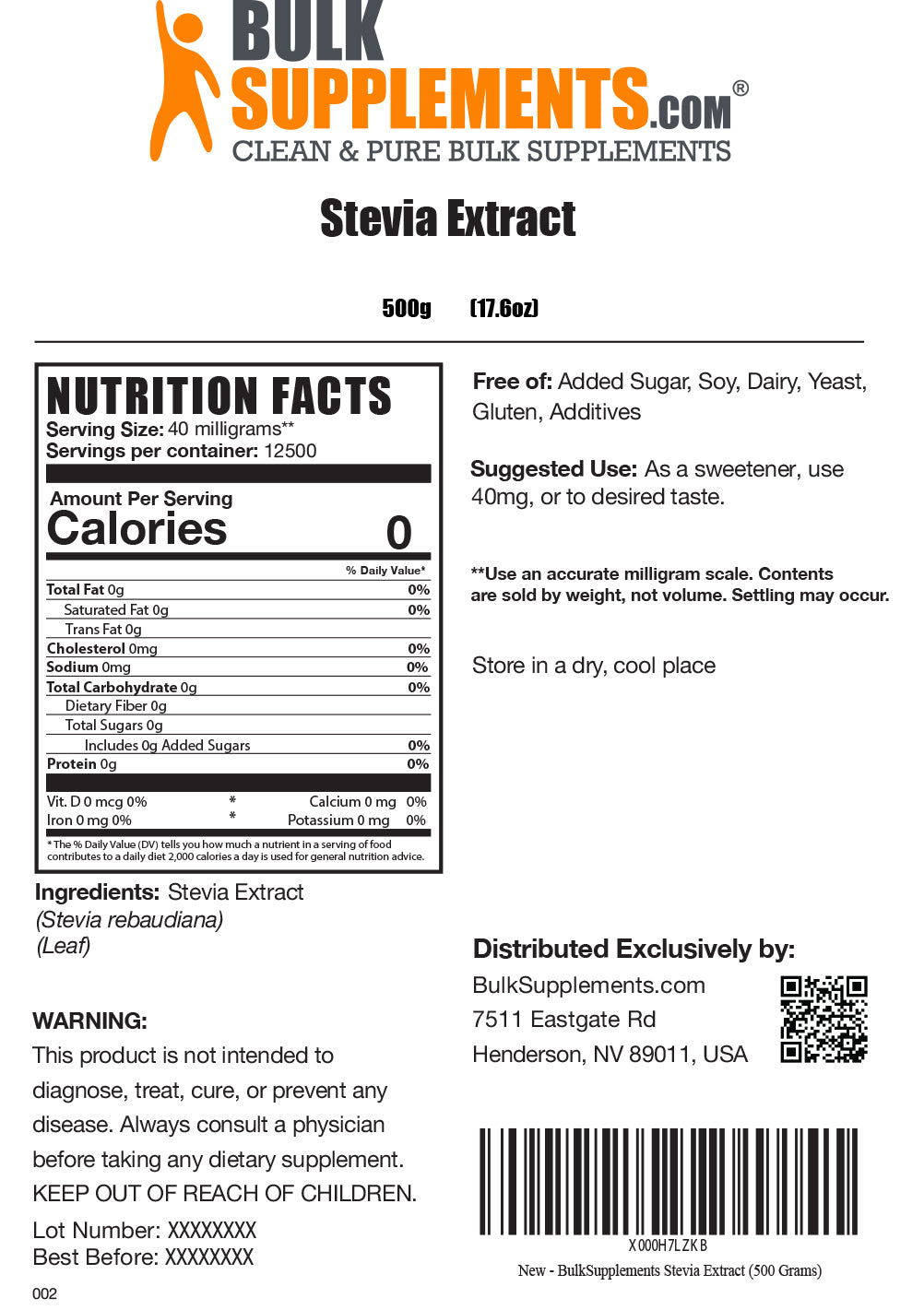 Nutrition Facts Stevia Extract