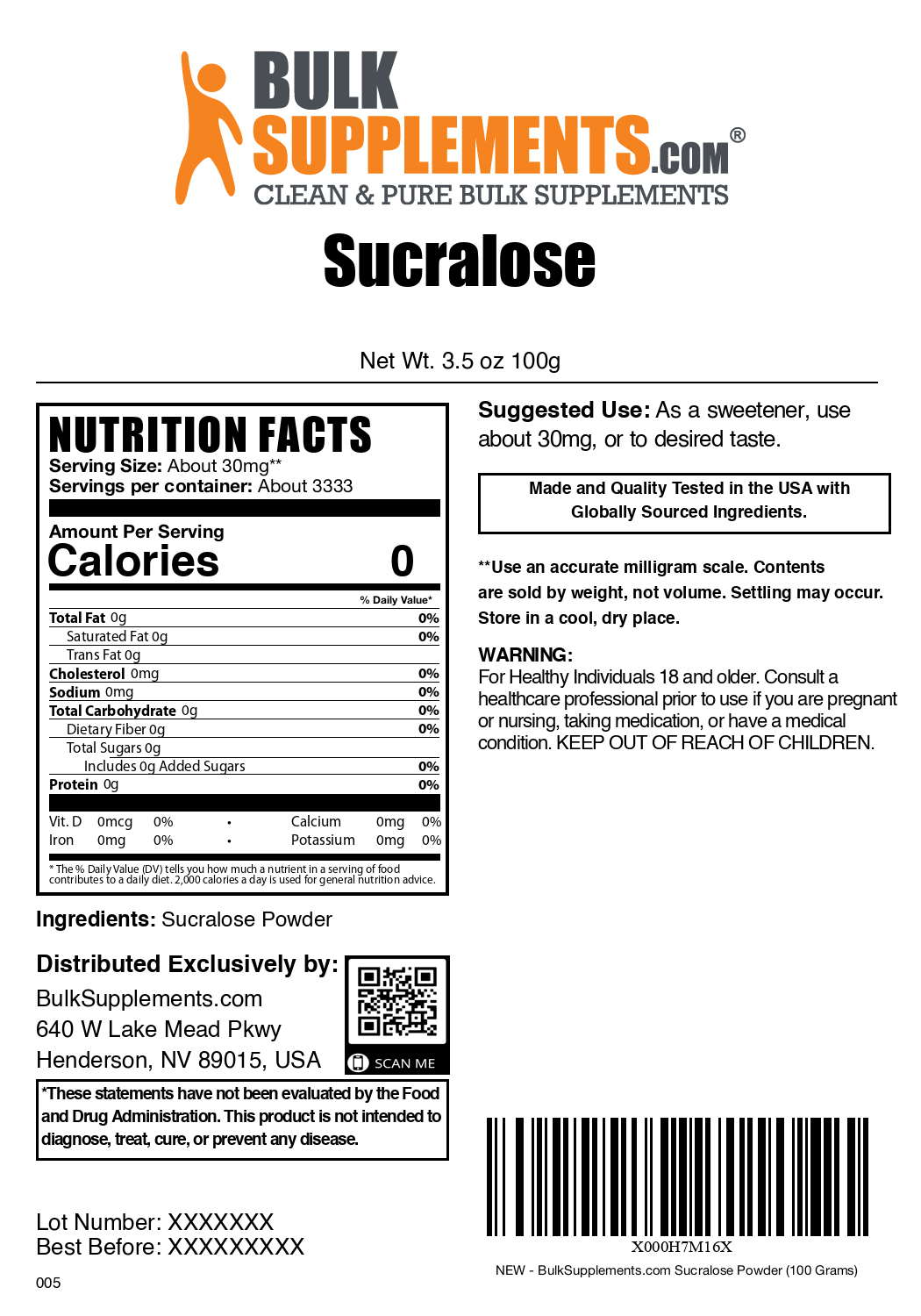 Sucralose Powder 100g Bag Label