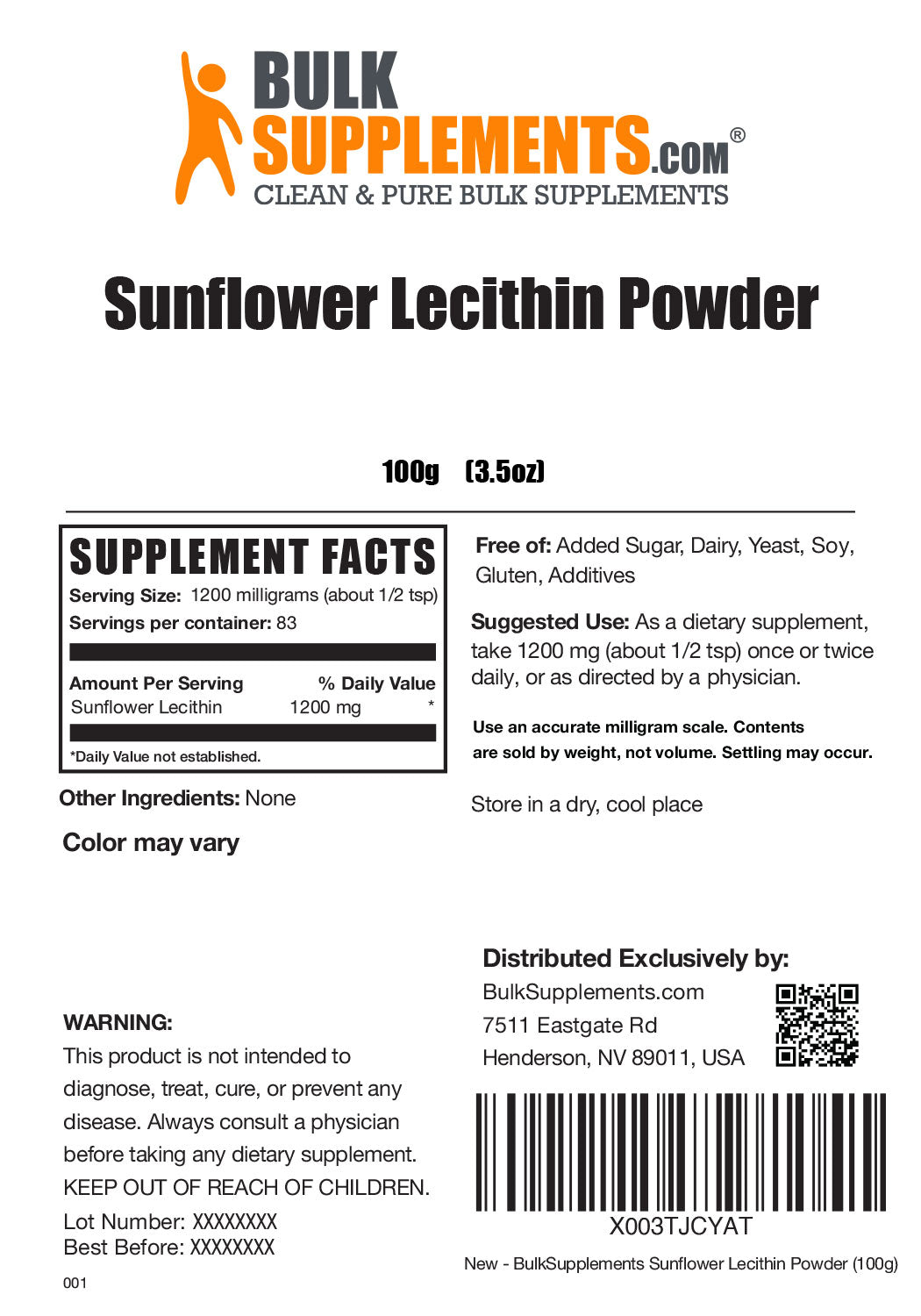 Sunflower Lecithin powder label 100g