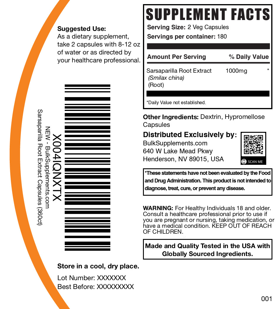 Sarsaparilla root 360 capsules label