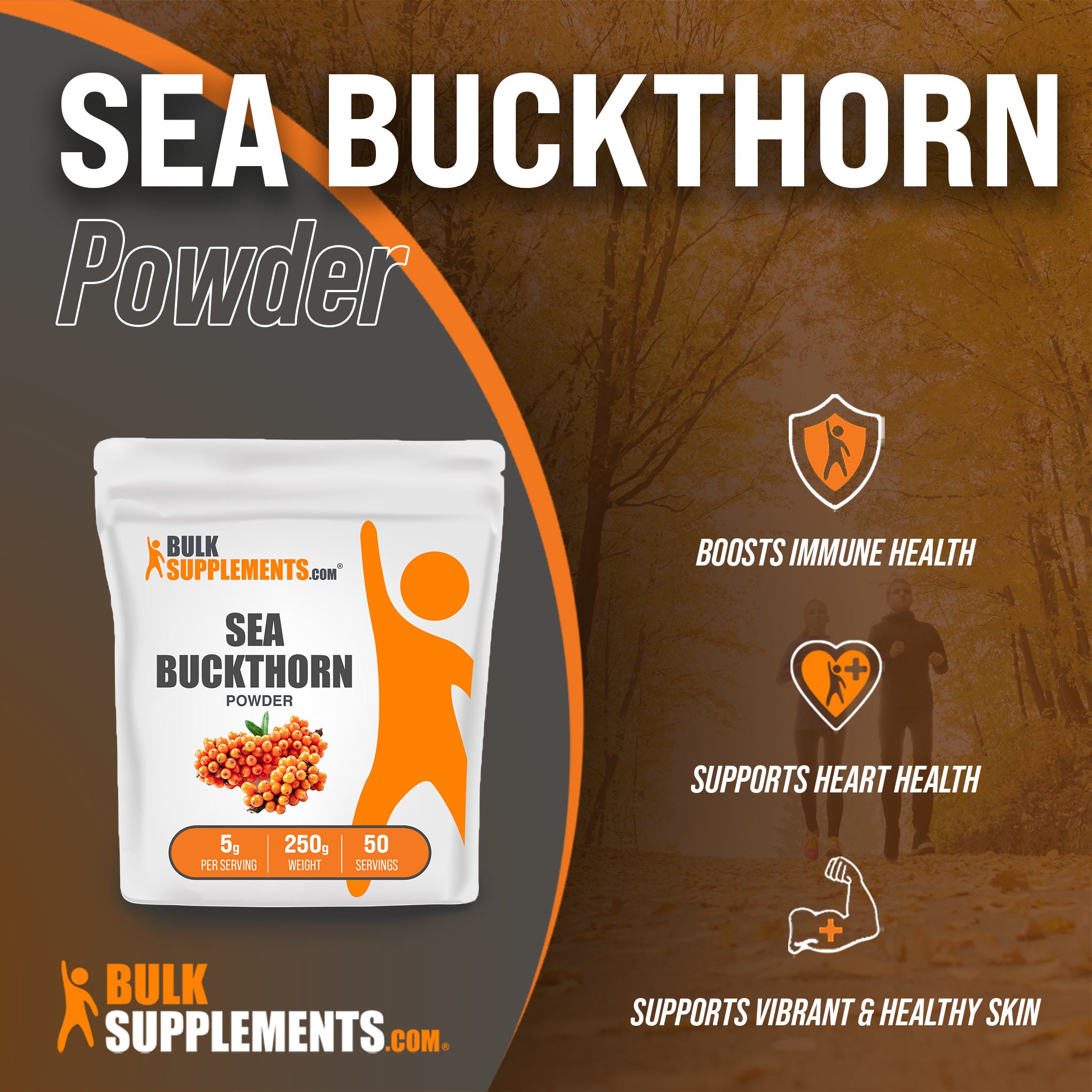 Benefits of Sea Buckthorn Powder: boosts immune health, supports heart health, supports vibrant and healthy skin