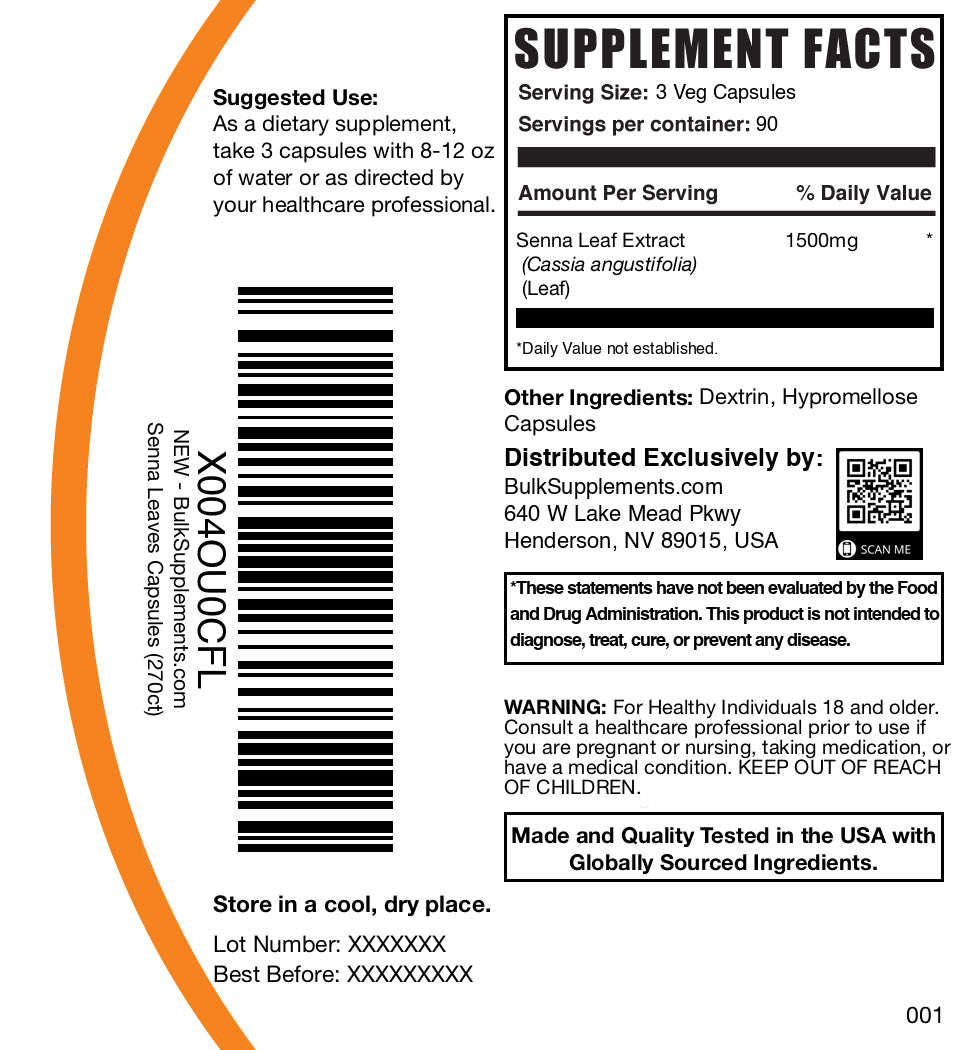 Senna leaf extract 270 capsules label
